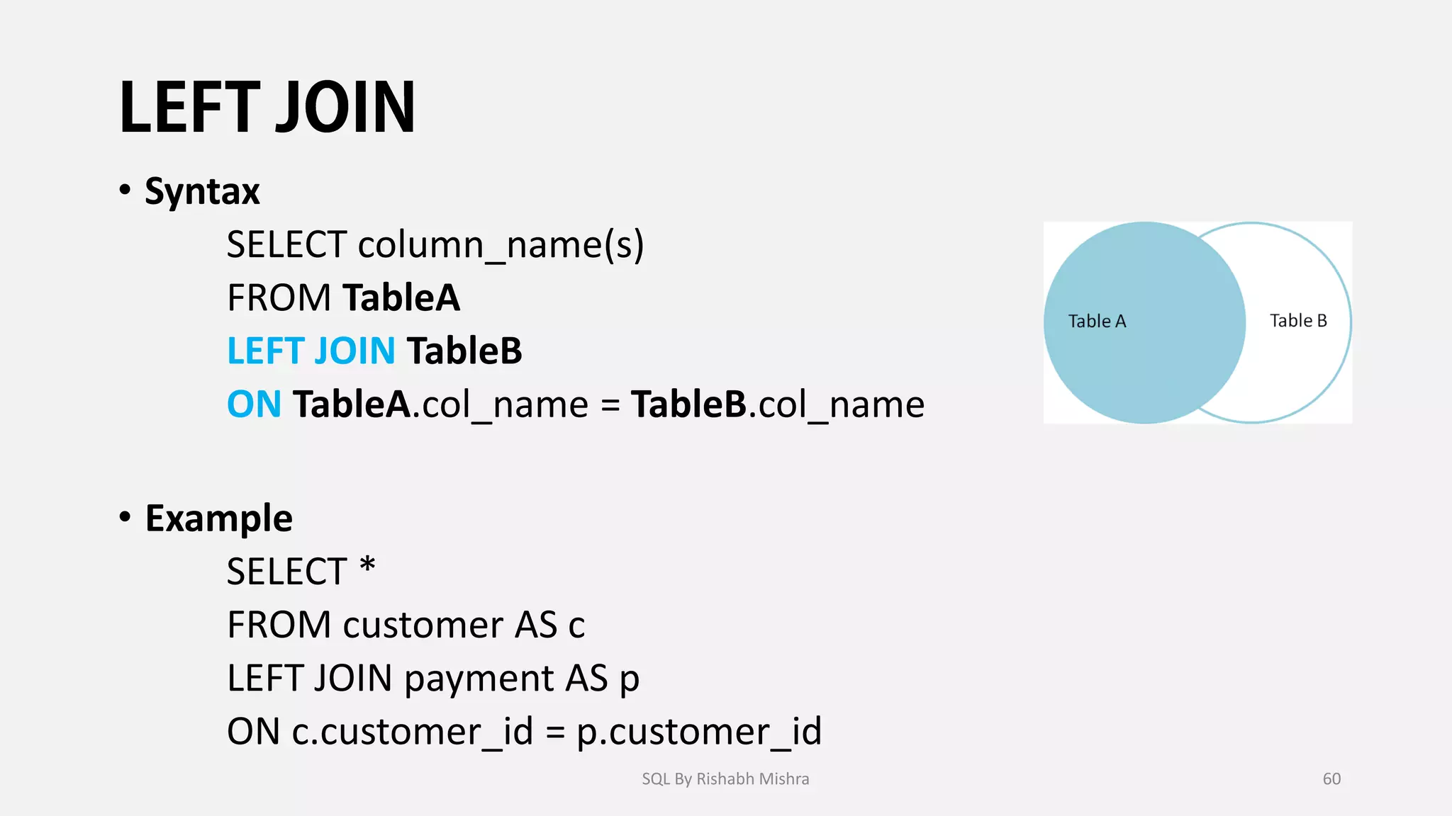 • Syntax
SELECT column_name(s)
FROM TableA
LEFT JOIN TableB
ON TableA.col_name = TableB.col_name
• Example
SELECT *
FROM customer AS c
LEFT JOIN payment AS p
ON c.customer_id = p.customer_id
SQL By Rishabh Mishra 60
 