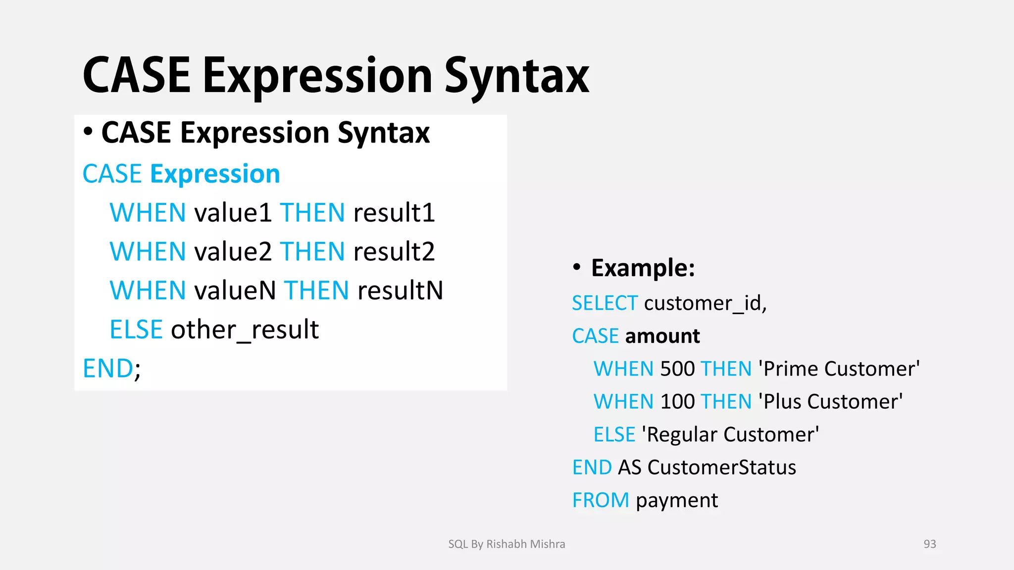 • CASE Expression Syntax
CASE Expression
WHEN value1 THEN result1
WHEN value2 THEN result2
WHEN valueN THEN resultN
ELSE other_result
END;
• Example:
SELECT customer_id,
CASE amount
WHEN 500 THEN 'Prime Customer'
WHEN 100 THEN 'Plus Customer'
ELSE 'Regular Customer'
END AS CustomerStatus
FROM payment
SQL By Rishabh Mishra 93
 