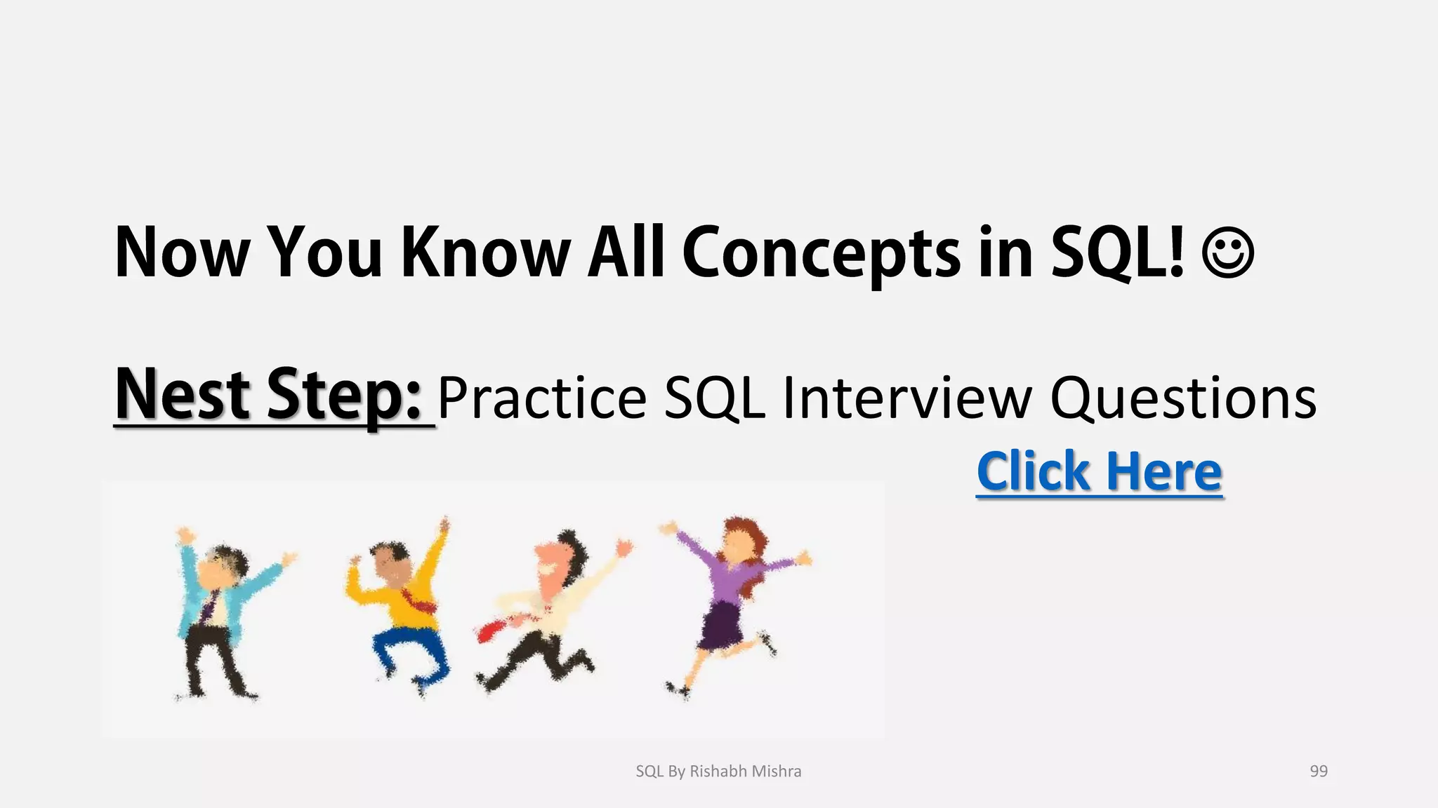 ☺
Practice SQL Interview Questions
Click Here
SQL By Rishabh Mishra 99
 