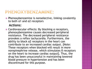  Phenoxybenzamine is nonselective, linking covalently
to both α1 and α2 receptors
Actions:
 Cardiovascular effects: By blocking α receptors,
phenoxybenzamine causes decreased peripheral
resistance. The decreased peripheral resistance
provokes a reflex tachycardia. Furthermore, the
ability to block α2 receptors in the heart can
contribute to an increased cardiac output. [Note:
These receptors when blocked will result in more
norepinephrine release, which stimulates β receptors
on the heart to increase cardiac output]. Thus, the
drug has been unsuccessful in maintaining lowered
blood pressure in hypertension and has been
discontinued for this purpose.
 
