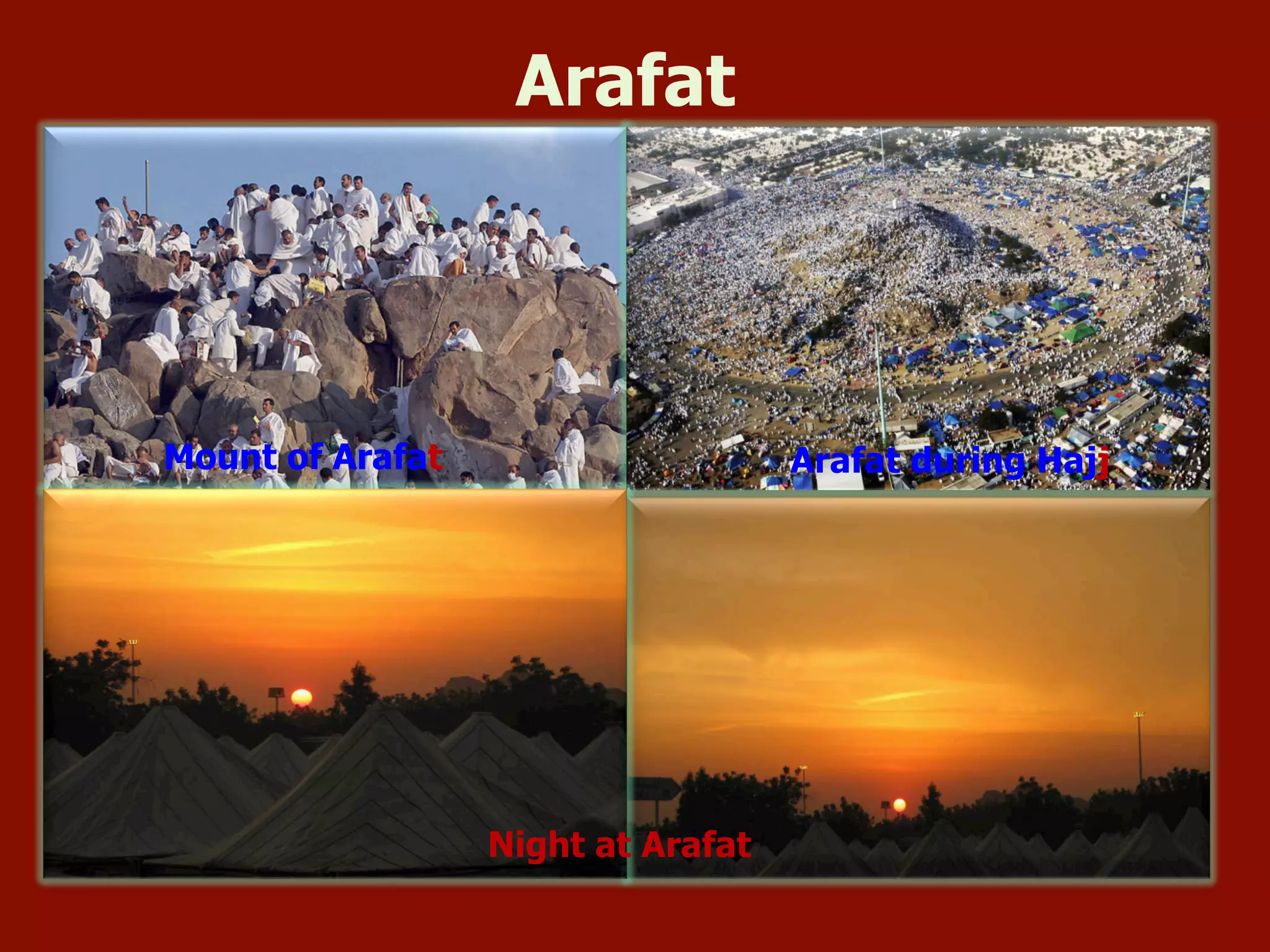 Arafat
Mount of Arafat Arafat during Hajj
Night at Arafat
 