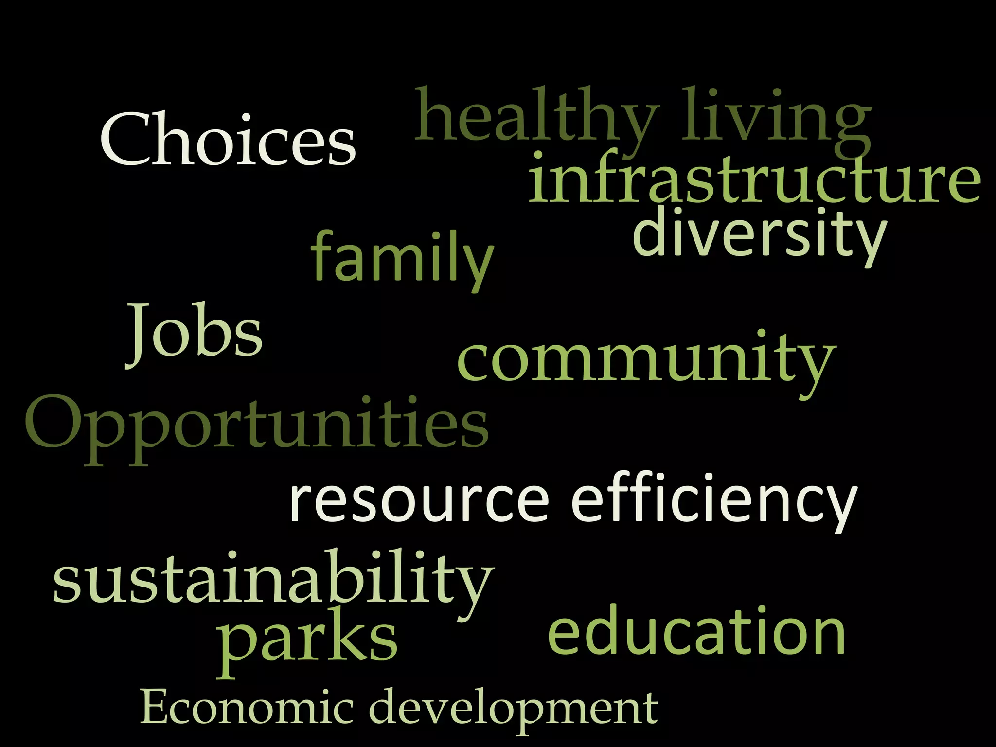 Choices family Opportunities resource efficiency healthy living diversity community Jobs education parks Economic development sustainability infrastructure 