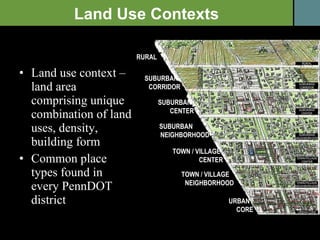 Land use context – land area comprising unique combination of land uses, density, building form Common place types found in every PennDOT district RURAL SUBURBAN   CORRIDOR TOWN / VILLAGE    CENTER TOWN / VILLAGE   NEIGHBORHOOD URBAN    CORE SUBURBAN   CENTER SUBURBAN   NEIGHBORHOOD Land Use Contexts 