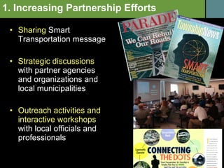 Sharing  Smart Transportation message Strategic discussions  with partner agencies and organizations and local municipalities Outreach activities and interactive workshops  with local officials and professionals 1. Increasing Partnership Efforts 