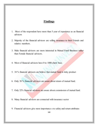 100
Findings
1. Most of the respondent have more than 5 year of experience as an financial
advisors
2. Majority of the financial advisors are selling insurance to their Friends and
relative members.
3. Male financial advisors are more interested in Mutual Fund Business rather
than Female financial advisors.
4. Most of financial advisors have 0 to 1000 client base.
5. 34 % financial advisors are believe that mutual fund is risky product
6. Only 38 % financial advisors are aware about return of mutual fund.
7. Only 22% financial advisors are aware about commission of mutual fund.
8. Many financial advisors are connected with insurance sector
9. Financial advisors give more importance e to safety and return attributes
 