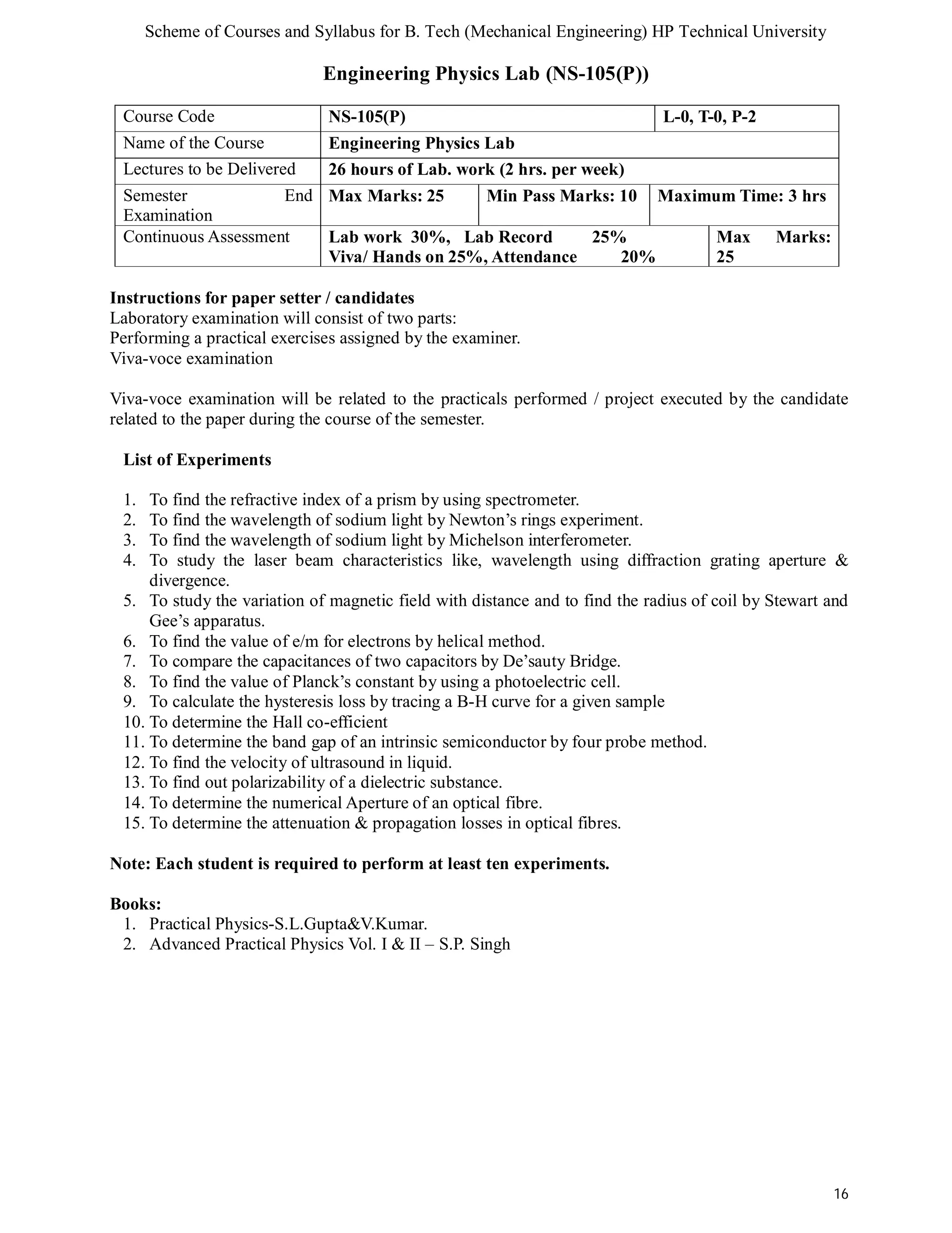 Scheme of Courses and Syllabus for B. Tech (Mechanical Engineering) HP Technical University 
16 
Engineering Physics Lab (NS-105(P)) 
Course Code NS-105(P) L-0, T-0, P-2 
Name of the Course Engineering Physics Lab 
Lectures to be Delivered 26 hours of Lab. work (2 hrs. per week) 
Semester End 
Examination 
Max Marks: 25 Min Pass Marks: 10 Maximum Time: 3 hrs 
Continuous Assessment Lab work 30%, Lab Record 25% 
Viva/ Hands on 25%, Attendance 20% 
Max Marks: 
25 
Instructions for paper setter / candidates 
Laboratory examination will consist of two parts: 
Performing a practical exercises assigned by the examiner. 
Viva-voce examination 
Viva-voce examination will be related to the practicals performed / project executed by the candidate 
related to the paper during the course of the semester. 
List of Experiments 
1. To find the refractive index of a prism by using spectrometer. 
2. To find the wavelength of sodium light by Newton’s rings experiment. 
3. To find the wavelength of sodium light by Michelson interferometer. 
4. To study the laser beam characteristics like, wavelength using diffraction grating aperture & 
divergence. 
5. To study the variation of magnetic field with distance and to find the radius of coil by Stewart and 
Gee’s apparatus. 
6. To find the value of e/m for electrons by helical method. 
7. To compare the capacitances of two capacitors by De’sauty Bridge. 
8. To find the value of Planck’s constant by using a photoelectric cell. 
9. To calculate the hysteresis loss by tracing a B-H curve for a given sample 
10. To determine the Hall co-efficient 
11. To determine the band gap of an intrinsic semiconductor by four probe method. 
12. To find the velocity of ultrasound in liquid. 
13. To find out polarizability of a dielectric substance. 
14. To determine the numerical Aperture of an optical fibre. 
15. To determine the attenuation & propagation losses in optical fibres. 
Note: Each student is required to perform at least ten experiments. 
Books: 
1. Practical Physics-S.L.Gupta&V.Kumar. 
2. Advanced Practical Physics Vol. I & II – S.P. Singh 
 