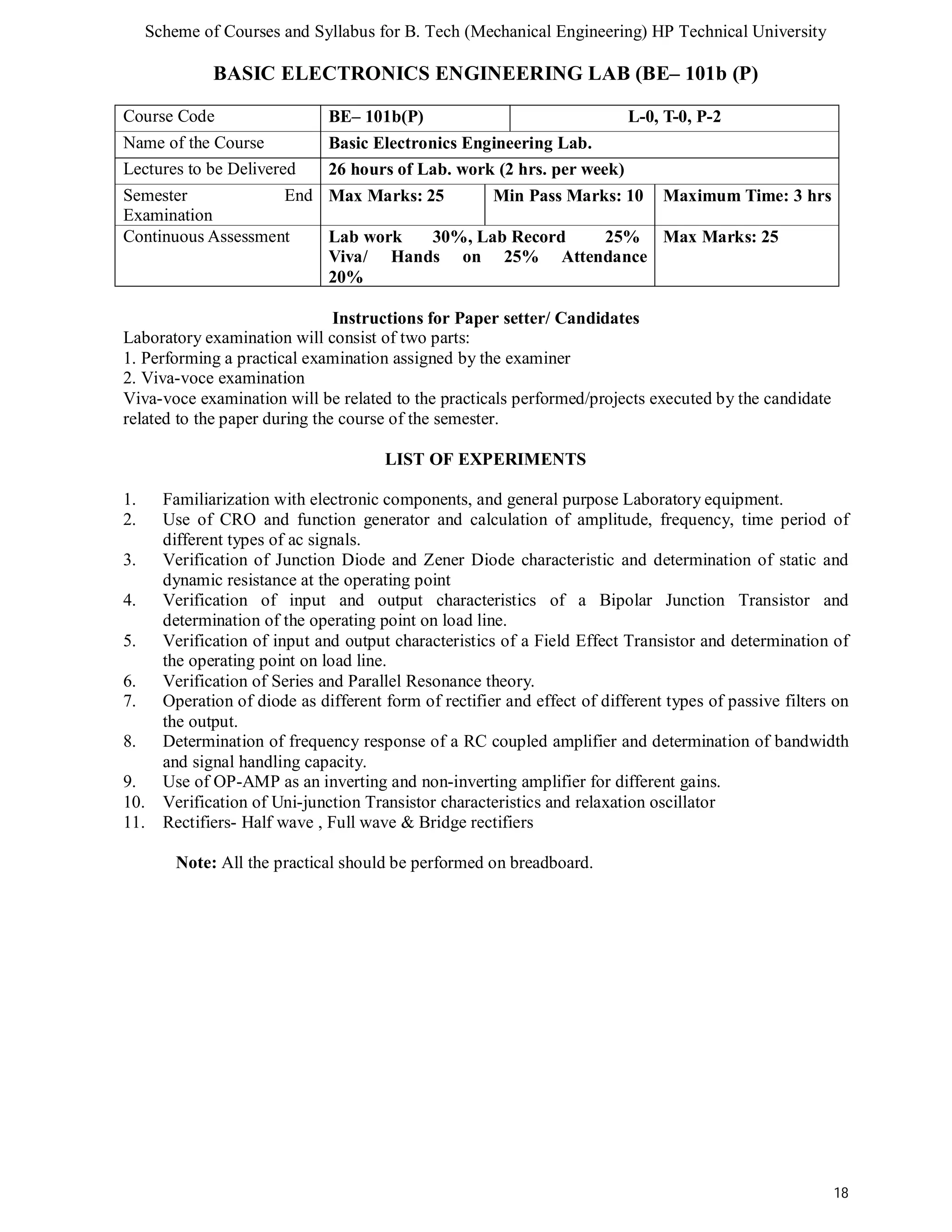 Scheme of Courses and Syllabus for B. Tech (Mechanical Engineering) HP Technical University 
18 
BASIC ELECTRONICS ENGINEERING LAB (BE– 101b (P) 
Course Code BE– 101b(P) L-0, T-0, P-2 
Name of the Course Basic Electronics Engineering Lab. 
Lectures to be Delivered 26 hours of Lab. work (2 hrs. per week) 
Semester End 
Examination 
Max Marks: 25 Min Pass Marks: 10 Maximum Time: 3 hrs 
Continuous Assessment Lab work 30%, Lab Record 25% 
Viva/ Hands on 25% Attendance 
20% 
Max Marks: 25 
Instructions for Paper setter/ Candidates 
Laboratory examination will consist of two parts: 
1. Performing a practical examination assigned by the examiner 
2. Viva-voce examination 
Viva-voce examination will be related to the practicals performed/projects executed by the candidate 
related to the paper during the course of the semester. 
LIST OF EXPERIMENTS 
1. Familiarization with electronic components, and general purpose Laboratory equipment. 
2. Use of CRO and function generator and calculation of amplitude, frequency, time period of 
different types of ac signals. 
3. Verification of Junction Diode and Zener Diode characteristic and determination of static and 
dynamic resistance at the operating point 
4. Verification of input and output characteristics of a Bipolar Junction Transistor and 
determination of the operating point on load line. 
5. Verification of input and output characteristics of a Field Effect Transistor and determination of 
the operating point on load line. 
6. Verification of Series and Parallel Resonance theory. 
7. Operation of diode as different form of rectifier and effect of different types of passive filters on 
the output. 
8. Determination of frequency response of a RC coupled amplifier and determination of bandwidth 
and signal handling capacity. 
9. Use of OP-AMP as an inverting and non-inverting amplifier for different gains. 
10. Verification of Uni-junction Transistor characteristics and relaxation oscillator 
11. Rectifiers- Half wave , Full wave & Bridge rectifiers 
Note: All the practical should be performed on breadboard. 
 