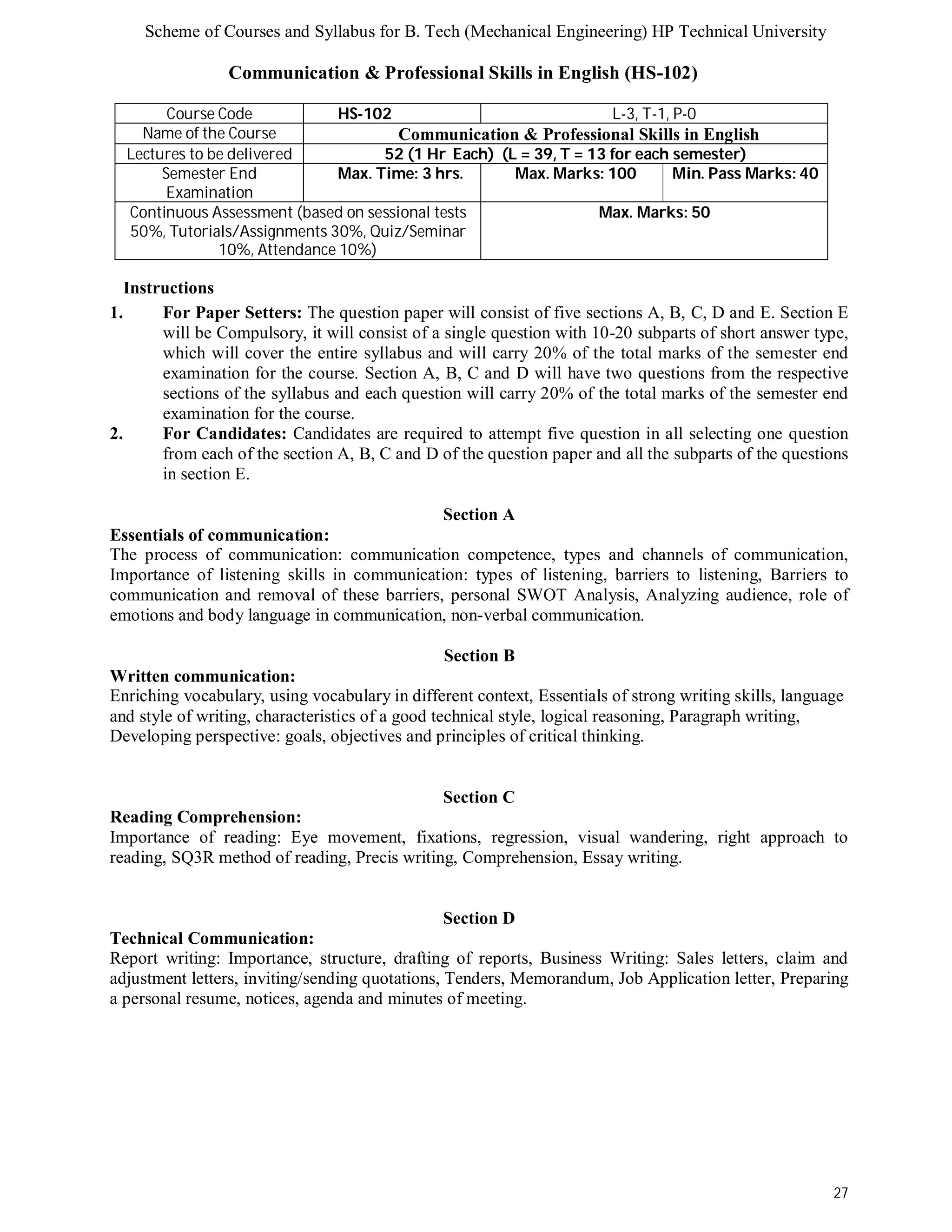 Scheme of Courses and Syllabus for B. Tech (Mechanical Engineering) HP Technical University 
27 
Communication & Professional Skills in English (HS-102) 
Course Code HS-102 L-3, T-1, P-0 
Name of the Course Communication & Professional Skills in English 
Lectures to be delivered 52 (1 Hr Each) (L = 39, T = 13 for each semester) 
Semester End 
Examination 
Max. Time: 3 hrs. Max. Marks: 100 Min. Pass Marks: 40 
Continuous Assessment (based on sessional tests 
50%, Tutorials/Assignments 30%, Quiz/Seminar 
10%, Attendance 10%) 
Max. Marks: 50 
Instructions 
1. For Paper Setters: The question paper will consist of five sections A, B, C, D and E. Section E 
will be Compulsory, it will consist of a single question with 10-20 subparts of short answer type, 
which will cover the entire syllabus and will carry 20% of the total marks of the semester end 
examination for the course. Section A, B, C and D will have two questions from the respective 
sections of the syllabus and each question will carry 20% of the total marks of the semester end 
examination for the course. 
2. For Candidates: Candidates are required to attempt five question in all selecting one question 
from each of the section A, B, C and D of the question paper and all the subparts of the questions 
in section E. 
Section A 
Essentials of communication: 
The process of communication: communication competence, types and channels of communication, 
Importance of listening skills in communication: types of listening, barriers to listening, Barriers to 
communication and removal of these barriers, personal SWOT Analysis, Analyzing audience, role of 
emotions and body language in communication, non-verbal communication. 
Section B 
Written communication: 
Enriching vocabulary, using vocabulary in different context, Essentials of strong writing skills, language 
and style of writing, characteristics of a good technical style, logical reasoning, Paragraph writing, 
Developing perspective: goals, objectives and principles of critical thinking. 
Section C 
Reading Comprehension: 
Importance of reading: Eye movement, fixations, regression, visual wandering, right approach to 
reading, SQ3R method of reading, Precis writing, Comprehension, Essay writing. 
Section D 
Technical Communication: 
Report writing: Importance, structure, drafting of reports, Business Writing: Sales letters, claim and 
adjustment letters, inviting/sending quotations, Tenders, Memorandum, Job Application letter, Preparing 
a personal resume, notices, agenda and minutes of meeting. 
 