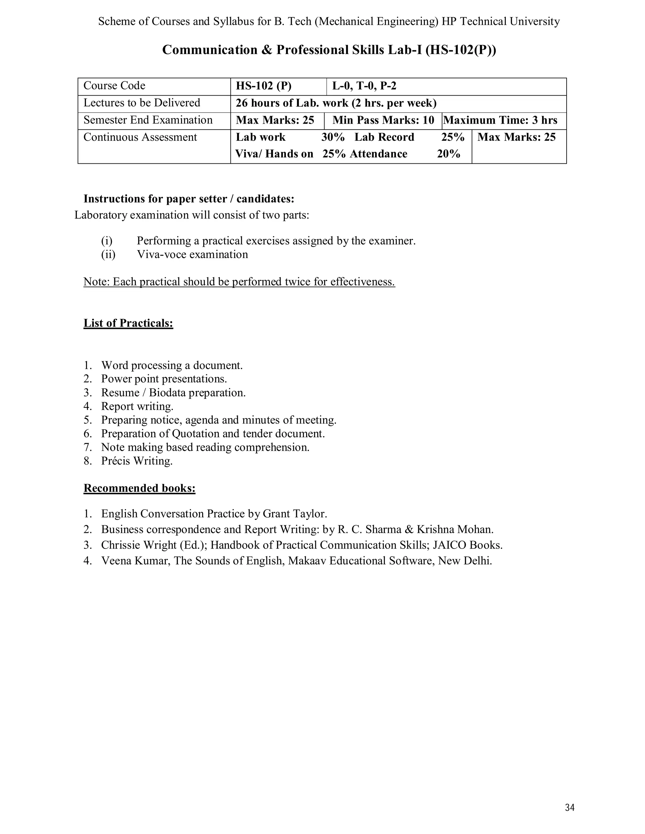 Scheme of Courses and Syllabus for B. Tech (Mechanical Engineering) HP Technical University 
34 
Communication & Professional Skills Lab-I (HS-102(P)) 
Course Code HS-102 (P) L-0, T-0, P-2 
Lectures to be Delivered 26 hours of Lab. work (2 hrs. per week) 
Semester End Examination Max Marks: 25 Min Pass Marks: 10 Maximum Time: 3 hrs 
Continuous Assessment Lab work 30% Lab Record 25% 
Viva/ Hands on 25% Attendance 20% 
Max Marks: 25 
Instructions for paper setter / candidates: 
Laboratory examination will consist of two parts: 
(i) Performing a practical exercises assigned by the examiner. 
(ii) Viva-voce examination 
Note: Each practical should be performed twice for effectiveness. 
List of Practicals: 
1. Word processing a document. 
2. Power point presentations. 
3. Resume / Biodata preparation. 
4. Report writing. 
5. Preparing notice, agenda and minutes of meeting. 
6. Preparation of Quotation and tender document. 
7. Note making based reading comprehension. 
8. Précis Writing. 
Recommended books: 
1. English Conversation Practice by Grant Taylor. 
2. Business correspondence and Report Writing: by R. C. Sharma & Krishna Mohan. 
3. Chrissie Wright (Ed.); Handbook of Practical Communication Skills; JAICO Books. 
4. Veena Kumar, The Sounds of English, Makaav Educational Software, New Delhi. 
 