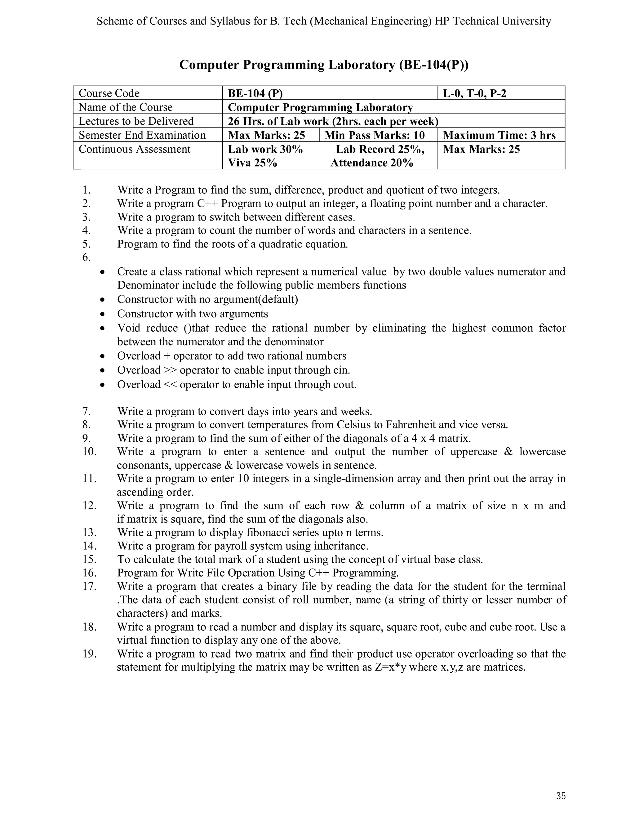 Scheme of Courses and Syllabus for B. Tech (Mechanical Engineering) HP Technical University 
35 
Computer Programming Laboratory (BE-104(P)) 
Course Code BE-104 (P) L-0, T-0, P-2 
Name of the Course Computer Programming Laboratory 
Lectures to be Delivered 26 Hrs. of Lab work (2hrs. each per week) 
Semester End Examination Max Marks: 25 Min Pass Marks: 10 Maximum Time: 3 hrs 
Continuous Assessment Lab work 30% Lab Record 25%, 
Viva 25% Attendance 20% 
Max Marks: 25 
1. Write a Program to find the sum, difference, product and quotient of two integers. 
2. Write a program C++ Program to output an integer, a floating point number and a character. 
3. Write a program to switch between different cases. 
4. Write a program to count the number of words and characters in a sentence. 
5. Program to find the roots of a quadratic equation. 
6. 
 Create a class rational which represent a numerical value by two double values numerator and 
Denominator include the following public members functions 
 Constructor with no argument(default) 
 Constructor with two arguments 
 Void reduce ()that reduce the rational number by eliminating the highest common factor 
between the numerator and the denominator 
 Overload + operator to add two rational numbers 
 Overload >> operator to enable input through cin. 
 Overload << operator to enable input through cout. 
7. Write a program to convert days into years and weeks. 
8. Write a program to convert temperatures from Celsius to Fahrenheit and vice versa. 
9. Write a program to find the sum of either of the diagonals of a 4 x 4 matrix. 
10. Write a program to enter a sentence and output the number of uppercase & lowercase 
consonants, uppercase & lowercase vowels in sentence. 
11. Write a program to enter 10 integers in a single-dimension array and then print out the array in 
ascending order. 
12. Write a program to find the sum of each row & column of a matrix of size n x m and 
if matrix is square, find the sum of the diagonals also. 
13. Write a program to display fibonacci series upto n terms. 
14. Write a program for payroll system using inheritance. 
15. To calculate the total mark of a student using the concept of virtual base class. 
16. Program for Write File Operation Using C++ Programming. 
17. Write a program that creates a binary file by reading the data for the student for the terminal 
.The data of each student consist of roll number, name (a string of thirty or lesser number of 
characters) and marks. 
18. Write a program to read a number and display its square, square root, cube and cube root. Use a 
virtual function to display any one of the above. 
19. Write a program to read two matrix and find their product use operator overloading so that the 
statement for multiplying the matrix may be written as Z=x*y where x,y,z are matrices. 
 
