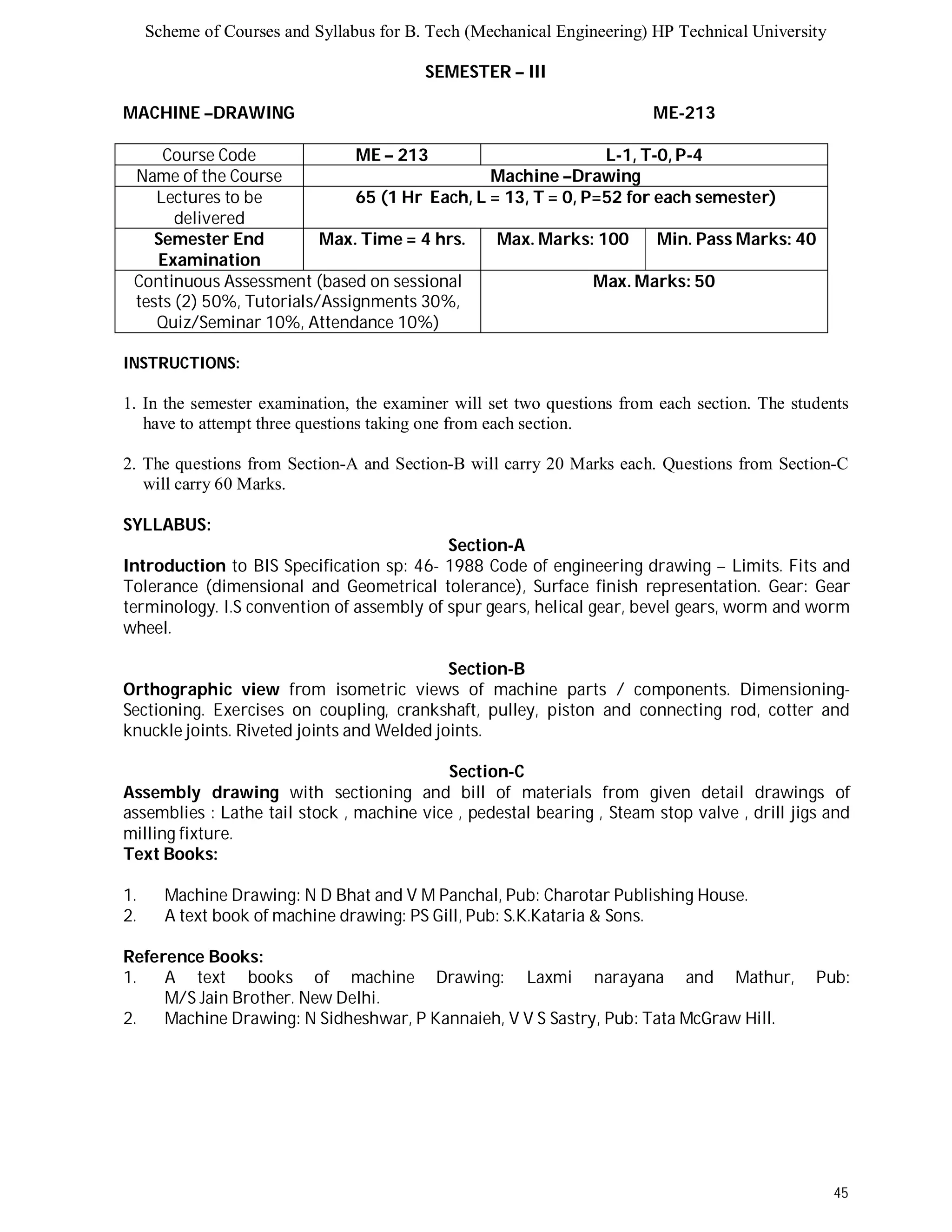 Scheme of Courses and Syllabus for B. Tech (Mechanical Engineering) HP Technical University 
45 
SEMESTER – III 
MACHINE –DRAWING ME-213 
Course Code ME – 213 L-1, T-0, P-4 
Name of the Course Machine –Drawing 
Lectures to be 
delivered 
65 (1 Hr Each, L = 13, T = 0, P=52 for each semester) 
Semester End 
Examination 
Max. Time = 4 hrs. Max. Marks: 100 Min. Pass Marks: 40 
Continuous Assessment (based on sessional 
tests (2) 50%, Tutorials/Assignments 30%, 
Quiz/Seminar 10%, Attendance 10%) 
Max. Marks: 50 
INSTRUCTIONS: 
1. In the semester examination, the examiner will set two questions from each section. The students 
have to attempt three questions taking one from each section. 
2. The questions from Section-A and Section-B will carry 20 Marks each. Questions from Section-C 
will carry 60 Marks. 
SYLLABUS: 
Section-A 
Introduction to BIS Specification sp: 46- 1988 Code of engineering drawing – Limits. Fits and 
Tolerance (dimensional and Geometrical tolerance), Surface finish representation. Gear: Gear 
terminology. I.S convention of assembly of spur gears, helical gear, bevel gears, worm and worm 
wheel. 
Section-B 
Orthographic view from isometric views of machine parts / components. Dimensioning- 
Sectioning. Exercises on coupling, crankshaft, pulley, piston and connecting rod, cotter and 
knuckle joints. Riveted joints and Welded joints. 
Section-C 
Assembly drawing with sectioning and bill of materials from given detail drawings of 
assemblies : Lathe tail stock , machine vice , pedestal bearing , Steam stop valve , drill jigs and 
milling fixture. 
Text Books: 
1. Machine Drawing: N D Bhat and V M Panchal, Pub: Charotar Publishing House. 
2. A text book of machine drawing: PS Gill, Pub: S.K.Kataria & Sons. 
Reference Books: 
1. A text books of machine Drawing: Laxmi narayana and Mathur, Pub: 
M/S Jain Brother. New Delhi. 
2. Machine Drawing: N Sidheshwar, P Kannaieh, V V S Sastry, Pub: Tata McGraw Hill. 
 