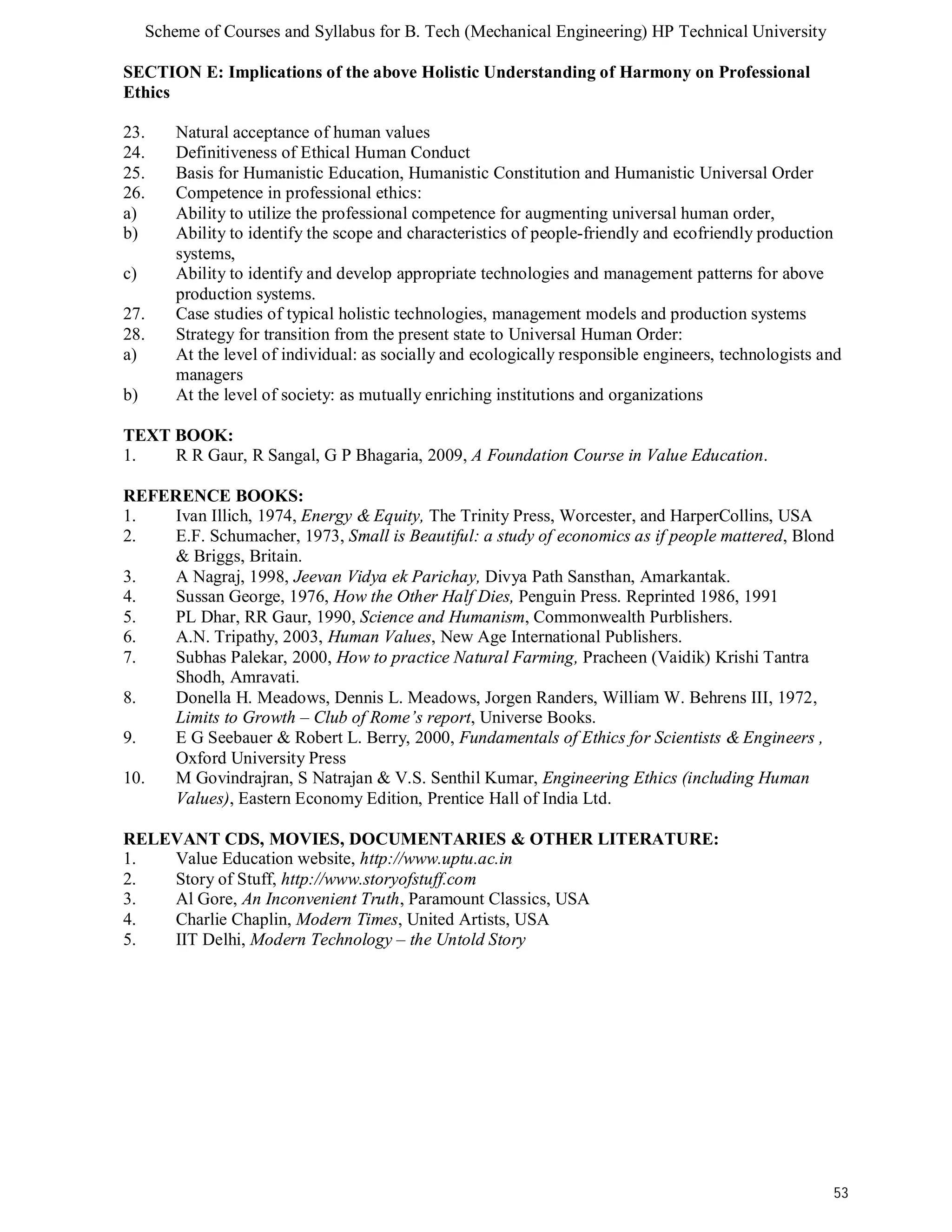 Scheme of Courses and Syllabus for B. Tech (Mechanical Engineering) HP Technical University 
53 
SECTION E: Implications of the above Holistic Understanding of Harmony on Professional 
Ethics 
23. Natural acceptance of human values 
24. Definitiveness of Ethical Human Conduct 
25. Basis for Humanistic Education, Humanistic Constitution and Humanistic Universal Order 
26. Competence in professional ethics: 
a) Ability to utilize the professional competence for augmenting universal human order, 
b) Ability to identify the scope and characteristics of people-friendly and ecofriendly production 
systems, 
c) Ability to identify and develop appropriate technologies and management patterns for above 
production systems. 
27. Case studies of typical holistic technologies, management models and production systems 
28. Strategy for transition from the present state to Universal Human Order: 
a) At the level of individual: as socially and ecologically responsible engineers, technologists and 
managers 
b) At the level of society: as mutually enriching institutions and organizations 
TEXT BOOK: 
1. R R Gaur, R Sangal, G P Bhagaria, 2009, A Foundation Course in Value Education. 
REFERENCE BOOKS: 
1. Ivan Illich, 1974, Energy & Equity, The Trinity Press, Worcester, and HarperCollins, USA 
2. E.F. Schumacher, 1973, Small is Beautiful: a study of economics as if people mattered, Blond 
& Briggs, Britain. 
3. A Nagraj, 1998, Jeevan Vidya ek Parichay, Divya Path Sansthan, Amarkantak. 
4. Sussan George, 1976, How the Other Half Dies, Penguin Press. Reprinted 1986, 1991 
5. PL Dhar, RR Gaur, 1990, Science and Humanism, Commonwealth Purblishers. 
6. A.N. Tripathy, 2003, Human Values, New Age International Publishers. 
7. Subhas Palekar, 2000, How to practice Natural Farming, Pracheen (Vaidik) Krishi Tantra 
Shodh, Amravati. 
8. Donella H. Meadows, Dennis L. Meadows, Jorgen Randers, William W. Behrens III, 1972, 
Limits to Growth – Club of Rome’s report, Universe Books. 
9. E G Seebauer & Robert L. Berry, 2000, Fundamentals of Ethics for Scientists & Engineers , 
Oxford University Press 
10. M Govindrajran, S Natrajan & V.S. Senthil Kumar, Engineering Ethics (including Human 
Values), Eastern Economy Edition, Prentice Hall of India Ltd. 
RELEVANT CDS, MOVIES, DOCUMENTARIES & OTHER LITERATURE: 
1. Value Education website, http://www.uptu.ac.in 
2. Story of Stuff, http://www.storyofstuff.com 
3. Al Gore, An Inconvenient Truth, Paramount Classics, USA 
4. Charlie Chaplin, Modern Times, United Artists, USA 
5. IIT Delhi, Modern Technology – the Untold Story 
 