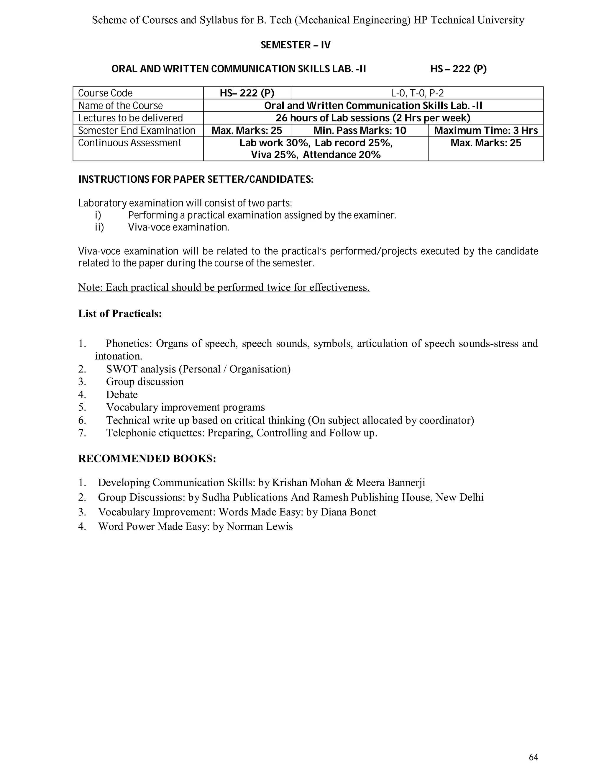 Scheme of Courses and Syllabus for B. Tech (Mechanical Engineering) HP Technical University 
64 
SEMESTER – IV 
ORAL AND WRITTEN COMMUNICATION SKILLS LAB. -II HS – 222 (P) 
Course Code HS– 222 (P) L-0, T-0, P-2 
Name of the Course Oral and Written Communication Skills Lab. -II 
Lectures to be delivered 26 hours of Lab sessions (2 Hrs per week) 
Semester End Examination Max. Marks: 25 Min. Pass Marks: 10 Maximum Time: 3 Hrs 
Continuous Assessment Lab work 30%, Lab record 25%, 
Viva 25%, Attendance 20% 
Max. Marks: 25 
INSTRUCTIONS FOR PAPER SETTER/CANDIDATES: 
Laboratory examination will consist of two parts: 
i) Performing a practical examination assigned by the examiner. 
ii) Viva-voce examination. 
Viva-voce examination will be related to the practical’s performed/projects executed by the candidate 
related to the paper during the course of the semester. 
Note: Each practical should be performed twice for effectiveness. 
List of Practicals: 
1. Phonetics: Organs of speech, speech sounds, symbols, articulation of speech sounds-stress and 
intonation. 
2. SWOT analysis (Personal / Organisation) 
3. Group discussion 
4. Debate 
5. Vocabulary improvement programs 
6. Technical write up based on critical thinking (On subject allocated by coordinator) 
7. Telephonic etiquettes: Preparing, Controlling and Follow up. 
RECOMMENDED BOOKS: 
1. Developing Communication Skills: by Krishan Mohan & Meera Bannerji 
2. Group Discussions: by Sudha Publications And Ramesh Publishing House, New Delhi 
3. Vocabulary Improvement: Words Made Easy: by Diana Bonet 
4. Word Power Made Easy: by Norman Lewis 
 