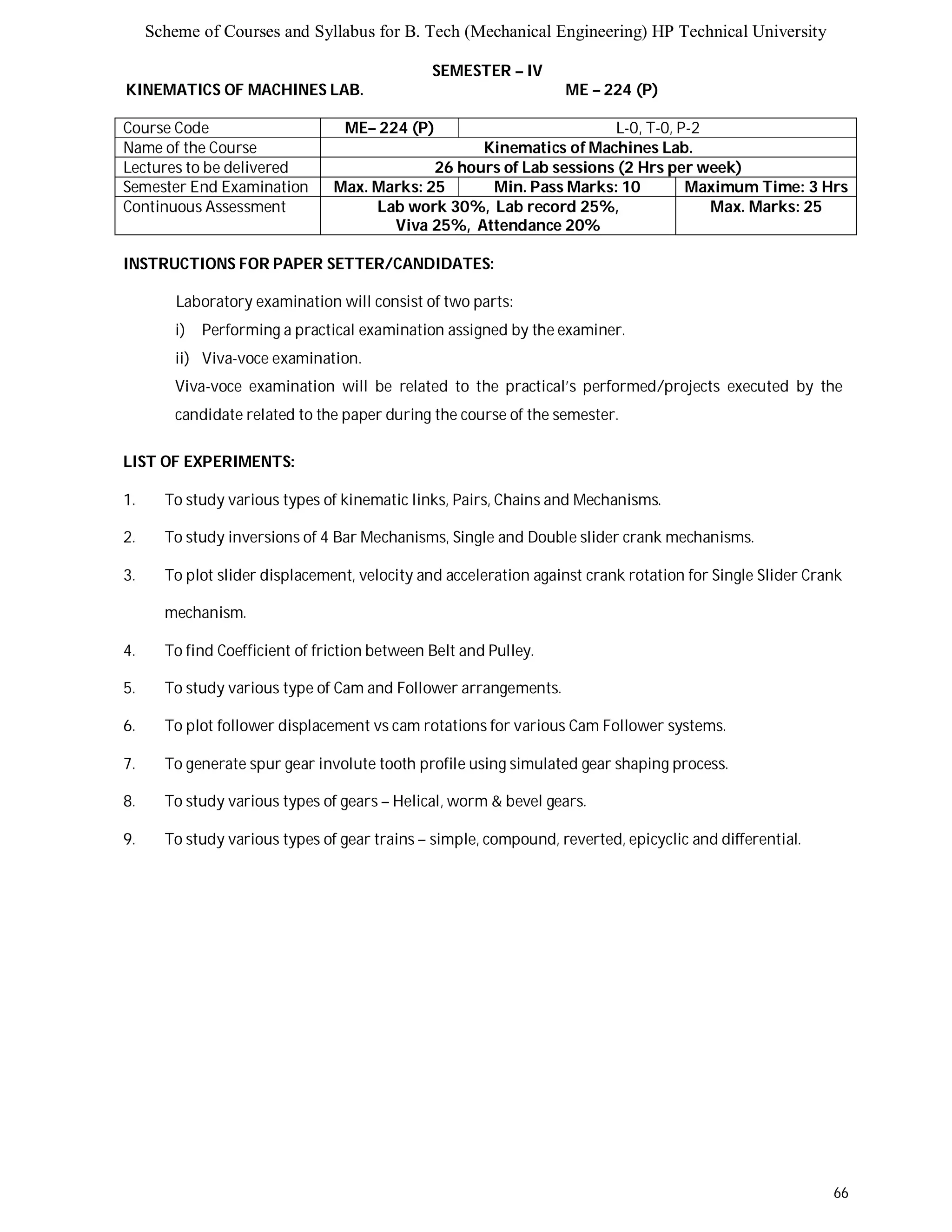 Scheme of Courses and Syllabus for B. Tech (Mechanical Engineering) HP Technical University 
66 
SEMESTER – IV 
KINEMATICS OF MACHINES LAB. ME – 224 (P) 
Course Code ME– 224 (P) L-0, T-0, P-2 
Name of the Course Kinematics of Machines Lab. 
Lectures to be delivered 26 hours of Lab sessions (2 Hrs per week) 
Semester End Examination Max. Marks: 25 Min. Pass Marks: 10 Maximum Time: 3 Hrs 
Continuous Assessment Lab work 30%, Lab record 25%, 
Viva 25%, Attendance 20% 
Max. Marks: 25 
INSTRUCTIONS FOR PAPER SETTER/CANDIDATES: 
Laboratory examination will consist of two parts: 
i) Performing a practical examination assigned by the examiner. 
ii) Viva-voce examination. 
Viva-voce examination will be related to the practical’s performed/projects executed by the 
candidate related to the paper during the course of the semester. 
LIST OF EXPERIMENTS: 
1. To study various types of kinematic links, Pairs, Chains and Mechanisms. 
2. To study inversions of 4 Bar Mechanisms, Single and Double slider crank mechanisms. 
3. To plot slider displacement, velocity and acceleration against crank rotation for Single Slider Crank 
mechanism. 
4. To find Coefficient of friction between Belt and Pulley. 
5. To study various type of Cam and Follower arrangements. 
6. To plot follower displacement vs cam rotations for various Cam Follower systems. 
7. To generate spur gear involute tooth profile using simulated gear shaping process. 
8. To study various types of gears – Helical, worm & bevel gears. 
9. To study various types of gear trains – simple, compound, reverted, epicyclic and differential. 
 