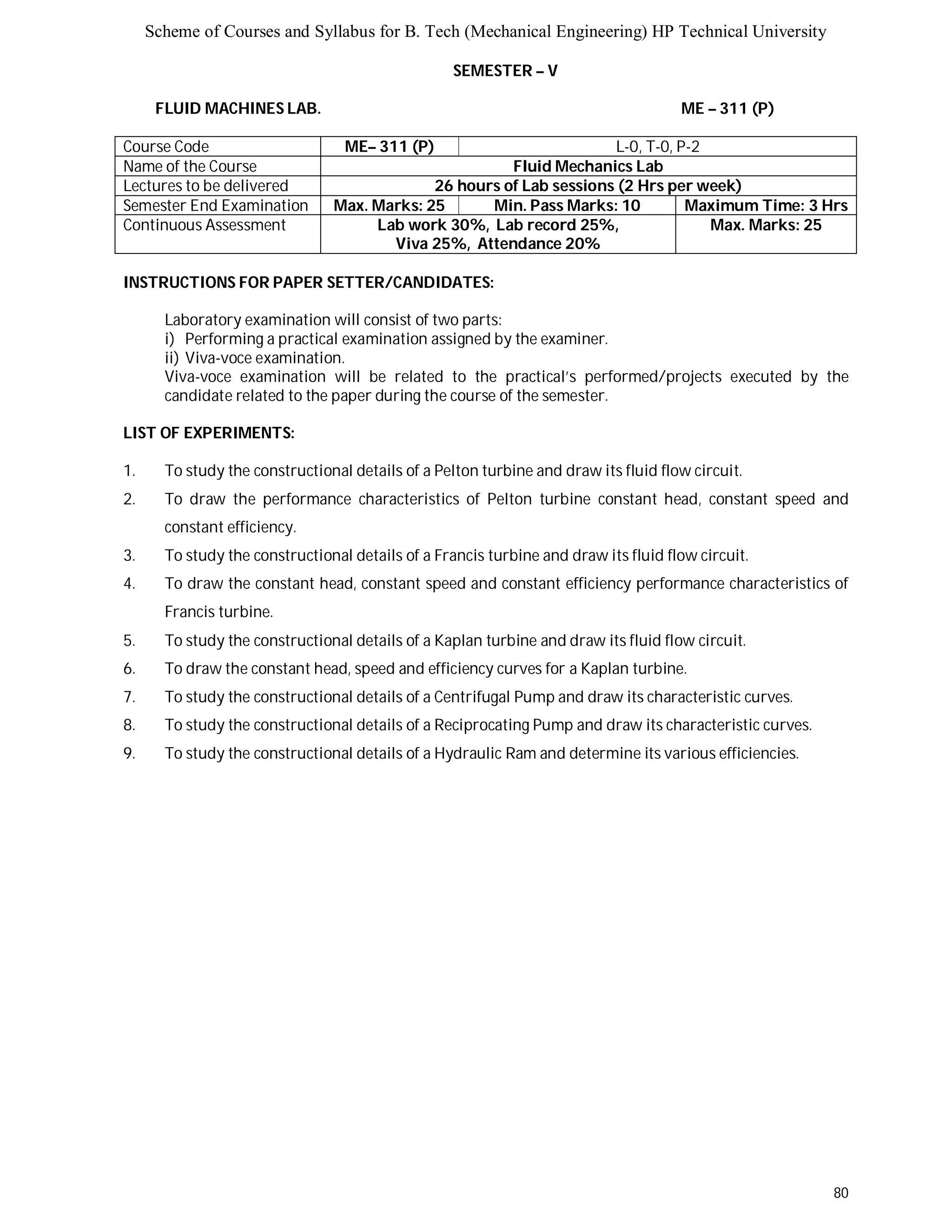 Scheme of Courses and Syllabus for B. Tech (Mechanical Engineering) HP Technical University 
80 
SEMESTER – V 
FLUID MACHINES LAB. ME – 311 (P) 
Course Code ME– 311 (P) L-0, T-0, P-2 
Name of the Course Fluid Mechanics Lab 
Lectures to be delivered 26 hours of Lab sessions (2 Hrs per week) 
Semester End Examination Max. Marks: 25 Min. Pass Marks: 10 Maximum Time: 3 Hrs 
Continuous Assessment Lab work 30%, Lab record 25%, 
Viva 25%, Attendance 20% 
Max. Marks: 25 
INSTRUCTIONS FOR PAPER SETTER/CANDIDATES: 
Laboratory examination will consist of two parts: 
i) Performing a practical examination assigned by the examiner. 
ii) Viva-voce examination. 
Viva-voce examination will be related to the practical’s performed/projects executed by the 
candidate related to the paper during the course of the semester. 
LIST OF EXPERIMENTS: 
1. To study the constructional details of a Pelton turbine and draw its fluid flow circuit. 
2. To draw the performance characteristics of Pelton turbine constant head, constant speed and 
constant efficiency. 
3. To study the constructional details of a Francis turbine and draw its fluid flow circuit. 
4. To draw the constant head, constant speed and constant efficiency performance characteristics of 
Francis turbine. 
5. To study the constructional details of a Kaplan turbine and draw its fluid flow circuit. 
6. To draw the constant head, speed and efficiency curves for a Kaplan turbine. 
7. To study the constructional details of a Centrifugal Pump and draw its characteristic curves. 
8. To study the constructional details of a Reciprocating Pump and draw its characteristic curves. 
9. To study the constructional details of a Hydraulic Ram and determine its various efficiencies. 
 