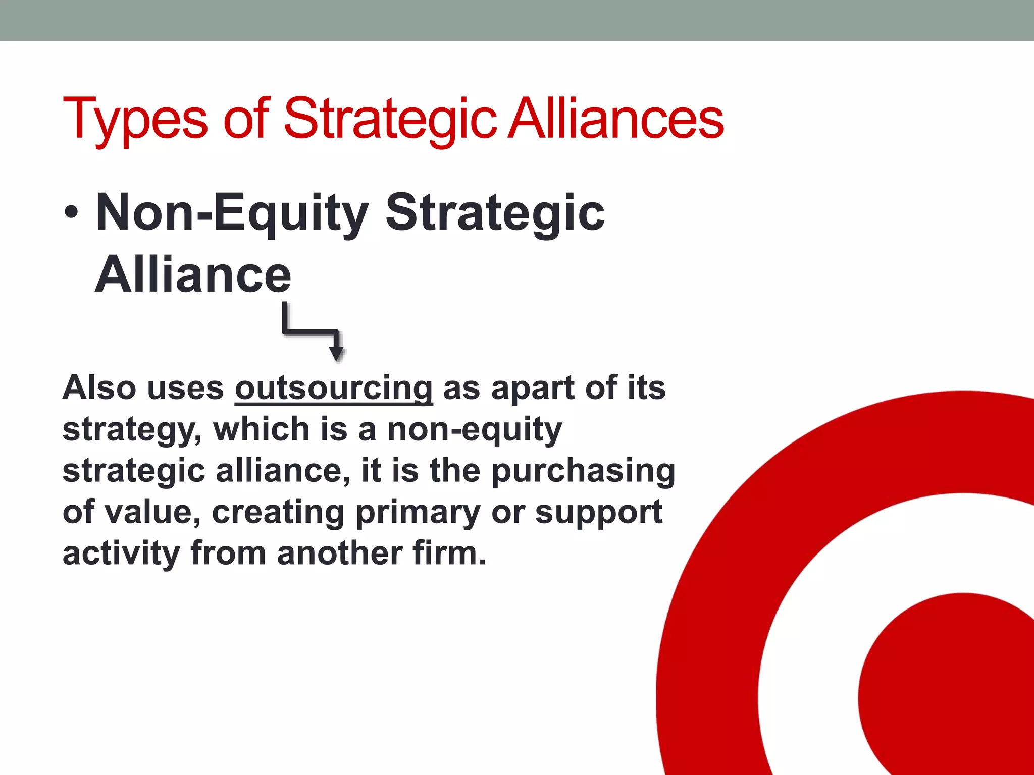 Types of Strategic Alliances
• Non-Equity Strategic
Alliance
Also uses outsourcing as apart of its
strategy, which is a non-equity
strategic alliance, it is the purchasing
of value, creating primary or support
activity from another firm.
 