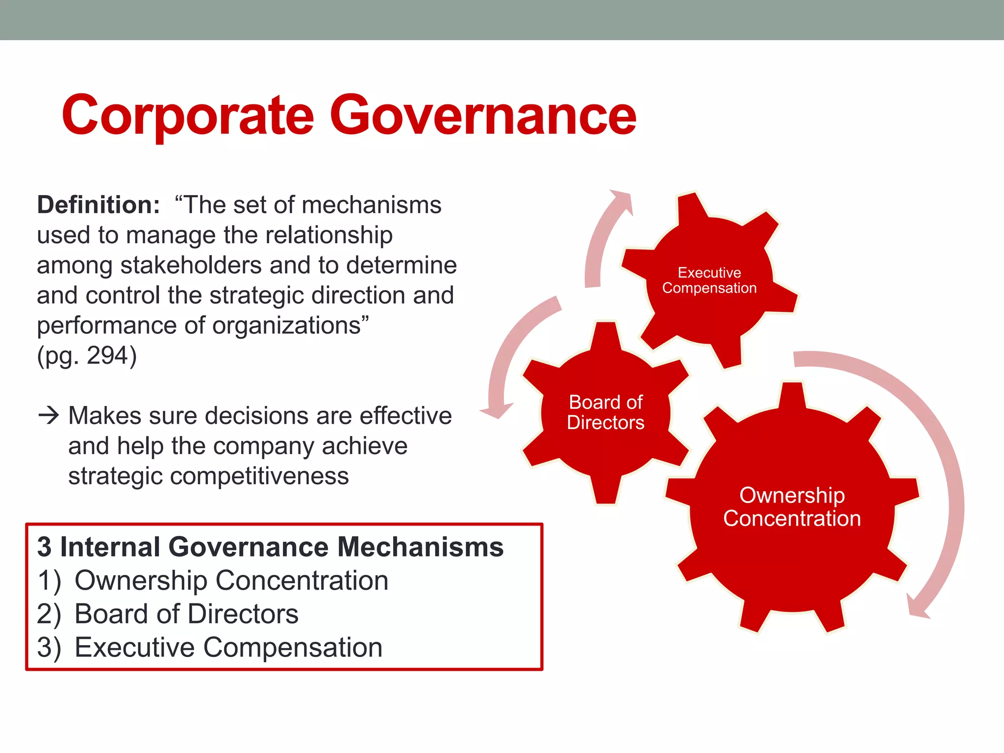 Corporate Governance
Definition: “The set of mechanisms
used to manage the relationship
among stakeholders and to determine
and control the strategic direction and
performance of organizations”
(pg. 294)
 Makes sure decisions are effective
and help the company achieve
strategic competitiveness
3 Internal Governance Mechanisms
1) Ownership Concentration
2) Board of Directors
3) Executive Compensation
Ownership
Concentration
Board of
Directors
Executive
Compensation
 