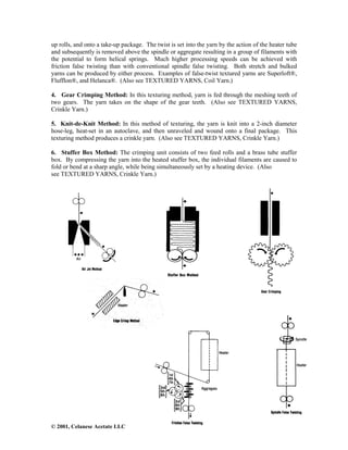 © 2001, Celanese Acetate LLC
up rolls, and onto a take-up package. The twist is set into the yarn by the action of the heater tube
and subsequently is removed above the spindle or aggregate resulting in a group of filaments with
the potential to form helical springs. Much higher processing speeds can be achieved with
friction false twisting than with conventional spindle false twisting. Both stretch and bulked
yarns can be produced by either process. Examples of false-twist textured yarns are Superloft®,
Flufflon®, and Helanca®. (Also see TEXTURED YARNS, Coil Yarn.)
4. Gear Crimping Method: In this texturing method, yarn is fed through the meshing teeth of
two gears. The yarn takes on the shape of the gear teeth. (Also see TEXTURED YARNS,
Crinkle Yarn.)
5. Knit-de-Knit Method: In this method of texturing, the yarn is knit into a 2-inch diameter
hose-leg, heat-set in an autoclave, and then unraveled and wound onto a final package. This
texturing method produces a crinkle yarn. (Also see TEXTURED YARNS, Crinkle Yarn.)
6. Stuffer Box Method: The crimping unit consists of two feed rolls and a brass tube stuffer
box. By compressing the yarn into the heated stuffer box, the individual filaments are caused to
fold or bend at a sharp angle, while being simultaneously set by a heating device. (Also
see TEXTURED YARNS, Crinkle Yarn.)
 