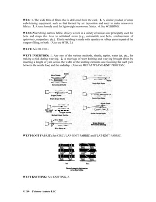 © 2001, Celanese Acetate LLC
WEB: 1. The wide film of fibers that is delivered from the card. 2. A similar product of other
web-forming equipment, such as that formed by air deposition and used to make nonwoven
fabrics. 3. A term loosely used for lightweight nonwoven fabrics. 4. See WEBBING.
WEBBING: Strong, narrow fabric, closely woven in a variety of weaves and principally used for
belts and straps that have to withstand strain (e.g., automobile seat belts, reinforcement of
upholstery, suspenders, etc.). Elastic webbing is made with spandex or rubber yarns in part of the
warp or filling, or both. (Also see WEB, 2.)
WEFT: See FILLING:
WEFT INSERTION: 1. Any one of the various methods, shuttle, rapier, water jet, etc., for
making a pick during weaving. 2. A marriage of warp knitting and weaving brought about by
inserting a length of yarn across the width of the knitting elements and fastening the weft yarn
between the needle loop and the underlap. (Also see METAP WEAVE-KNIT PROCESS.)
WEFT-KNIT FABRIC: See CIRCULAR-KNIT FABRIC and FLAT-KNIT FABRIC.
WEFT KNITTING: See KNITTING, 2.
 