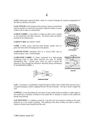 © 2001, Celanese Acetate LLC
L
LACE: Ornamental openwork fabric, made in a variety of designs by intricate manipulation of
the fiber by machine or by hand.
LACE STITCH: In this knitting stitch structure, loops are transferred
from the needles on which they are made to adjacent needles to create
a fabric with an open or a raised effect.
LAID-IN FABRIC: A knit fabric in which an effect yarn is tucked
in, not knitted into, the fabric structure. The laid-in yarns are held in
position by the knitted yarns.
LAID-IN YARN: See AXIAL YARN.
LAMÉ: A fabric woven with flat metal threads, usually silver or
gold, that form either the background or the pattern.
LAMINAR FLOW: Streamline flow in a viscous fluid, such as
molten polymer, near a solid boundary.
LAMINATED FABRIC: 1. Fabric composed of a high-strength
reinforcing scrim or base fabric between two plies of flexible
thermoplastic film. Usually open scrims are used to permit the
polymer to flow through the interstices and bond during calendering.
2. See BONDED FABRIC, 1.
LAP: A continuous, considerably compressed sheet of fibers that is rolled under pressure into a
cylindrical package, usually weighing between 40 and 50 pounds. The lap is used to supply the
card.
LAPPING: A term describing the movement of yarn guides between needles, at right angles to
the needle bar, or laterally in relation to the needle bar, or laterally in relation to the needle bar
during warp knitting.
LAP SPLITTING: A condition caused by a lap that will not unwind in carding in the same
thickness as it was wound in picking. This splitting of the sheet of fiber can result in either a
thicker or thinner sheet being fed into the card.
 