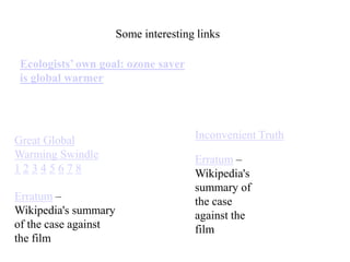 Some interesting links

Ecologists’ own goal: ozone saver
is global warmer

Great Global
Warming Swindle
12345678
Erratum –
Wikipedia's summary
of the case against
the film

Inconvenient Truth
Erratum –
Wikipedia's
summary of
the case
against the
film

 