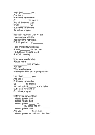 Complete The Lyrics Call Me Maybe