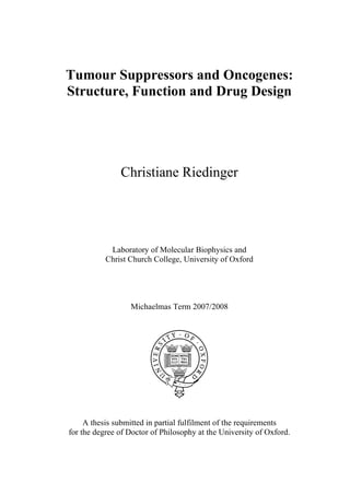 Tumour Suppressors and Oncogenes:
Structure, Function and Drug Design




               Christiane Riedinger




            Laboratory of Molecular Biophysics and
           Christ Church College, University of Oxford




                  Michaelmas Term 2007/2008




     A thesis submitted in partial fulfilment of the requirements
for the degree of Doctor of Philosophy at the University of Oxford.
 