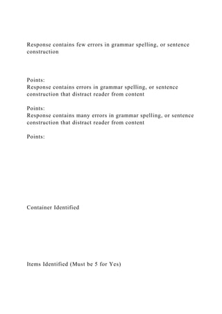 Response contains few errors in grammar spelling, or sentence
construction
Points:
Response contains errors in grammar spelling, or sentence
construction that distract reader from content
Points:
Response contains many errors in grammar spelling, or sentence
construction that distract reader from content
Points:
Container Identified
Items Identified (Must be 5 for Yes)
 