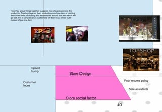 How Topshop use the store
Store ambient factor
Store Design
Store social factor
Music and lights, in
store
Colour
30 seconds to convince
customers to come into the
store
Store layout
P.O.S
Speed
bump
Poor returns policy
Sale assistants
Customer
focus
How they group things together suggests how cheap/expensive the
product is. Topshop lays out their products around one item of clothing
then other items of clothing and accessories around that item which will
go well, this is very clever as customers will then buy a whole outfit
instead of just one item.
40
 