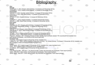 Bibliography 
54
Zara
Strength
•(Goldfingle, G., 2012. Drapers article [Online], 1-2 [viewed on 20 November 2012].)
•(Gallagher, V., 2012. Drapers article [Online], 1-2 [viewed 20 November 2012].)
Weaknesses
•(Qureshi, H., 2012. Guardian article [Online], 1-2 [viewed 20 November 2012].)
•(Fleming, O., 2012. Daily Mail [Online], 1-2 [viewed 20 November 2012].)
Opportunity's
•(Creevy, J., 2012. Drapers [Online], 1-2 [viewed 20 November 2012].)
Threats
•(Gallagher, V., 2012. Drapers [Online], 1-2 [viewed 20 November 2012].)
•(Berwin, L., 2008. Retail Week [Online], 1-2 [viewed 20 November 2012].)
River Island
Strength
•(Harrison, N., 2012. Drapers article [Online], 1-2 [viewed 20 November 2012].)
•(Anon., 2006. Retail Week [Online], 1-2 [viewed 20 November 2012].)
Weaknesses
•(Moran, G., 2012. Drapers article [Online], 1-2 [viewed 20 November 2012].)
•(MacDonald, G., 2012. Retail Week [Online], 1-2 [viewed 20 November 2012].)
Opportunity’s
•(Wright, I., 2012. Drapers article [Online], 1-2 [viewed 20 November 2012].)
•(Rushton, K.,2011. Retail Week [Online], 1-2 [viewed 20 November 2012].)
•Page 45 - (Geddes,I. 2011 Changing the face of retail. Deloitte report [online]3, [viewed 17th november2012] Available from: 
www.deloitte.com/assets/.../uk-cb-store-of-the-future-report.pdf)
Perceptual map
•(Topshop., 2012.[digital image] [13 November 2012]. Available from: www.topshop.com)
• (Mason,N., 2011. Multi- channel Retailing. Exeecutive summary – UK, Mintel [Online], 1-8 [Viewed 10 November 2012], Available rom: 
http://academic.mintel.com/display/600483/?highlight=true.)
Images
•(River Island., 2012. [digital image] [19 November 2012]. Available from: www.riverisland.com)
•(Zara., 2012. [digital image] [19 November 2012]. Available from: www.zara.co.uk)
•(LookBook., 2012. [digital image] [19 November 2012]. Available from: www.lookbook.nu)
Reports
•(Top Shop/Top Man., 2002-2011. Top Shop/Top Man Limited. Key financials and employees. Fame report [online].)
•(Zara., 2002-2011. Zara Limited. Key financials and employees. Fame report [online].)
•(River Island., 2002-2011. River Island Limited. Key financials and employees. Fame report [online].)
 