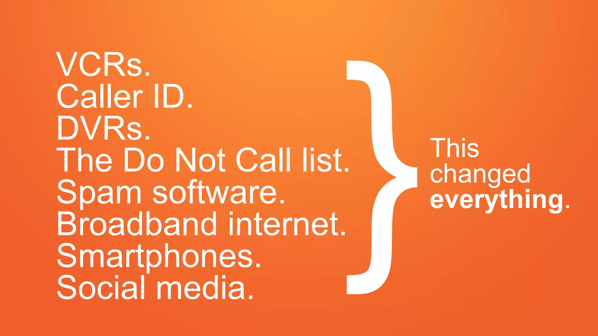 VCRs.
Caller ID.
DVRs.
The Do Not Call list.
Spam software.
Broadband internet.
Smartphones.
Social media.
This
changed
everything.
 