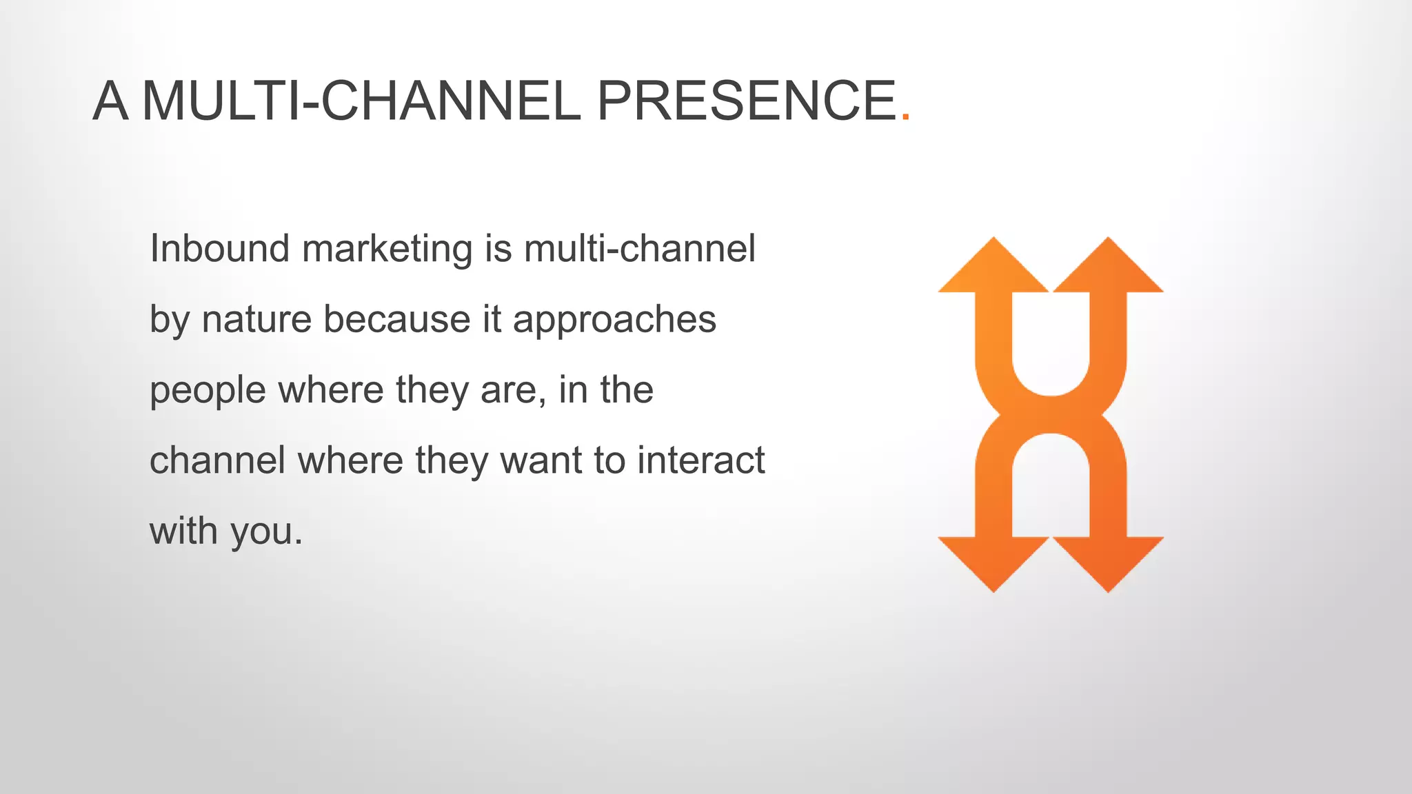 Inbound marketing is multi-channel
by nature because it approaches
people where they are, in the
channel where they want to interact
with you.
A MULTI-CHANNEL PRESENCE.
 