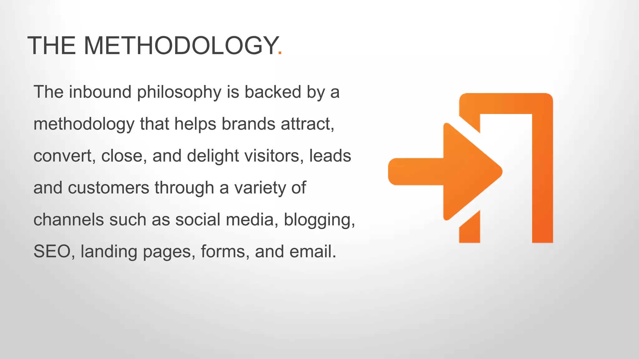 The inbound philosophy is backed by a
methodology that helps brands attract,
convert, close, and delight visitors, leads
and customers through a variety of
channels such as social media, blogging,
SEO, landing pages, forms, and email.
THE METHODOLOGY.
 