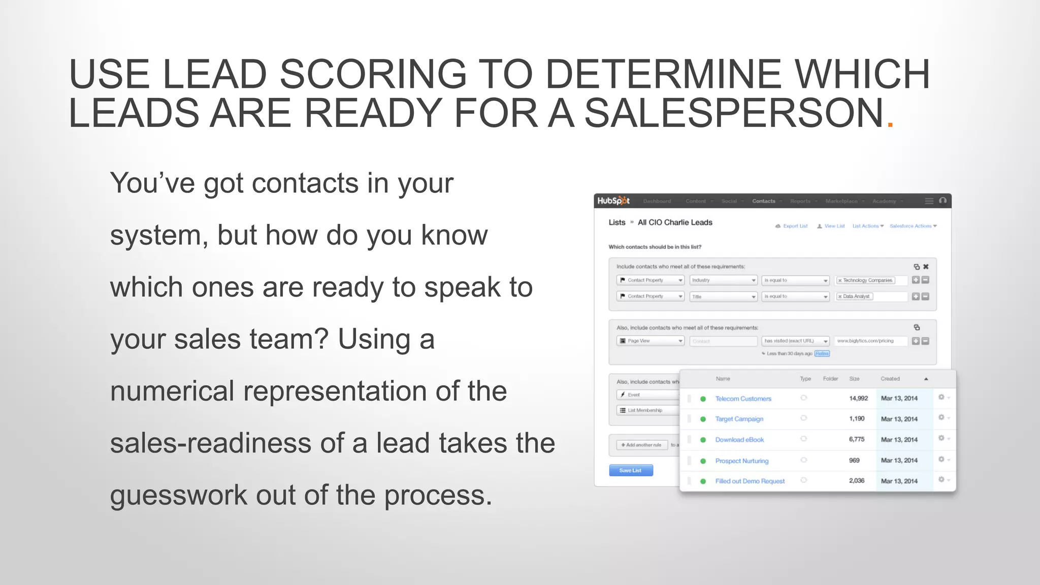 You’ve got contacts in your
system, but how do you know
which ones are ready to speak to
your sales team? Using a
numerical representation of the
sales-readiness of a lead takes the
guesswork out of the process.
USE LEAD SCORING TO DETERMINE WHICH
LEADS ARE READY FOR A SALESPERSON.
 