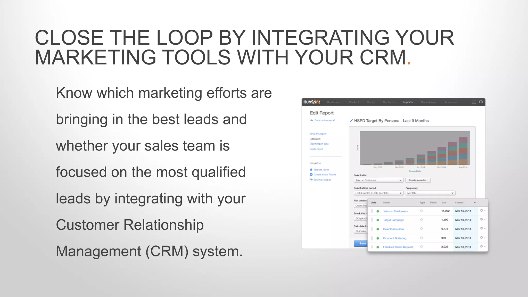 Know which marketing efforts are
bringing in the best leads and
whether your sales team is
focused on the most qualified
leads by integrating with your
Customer Relationship
Management (CRM) system.
CLOSE THE LOOP BY INTEGRATING YOUR
MARKETING TOOLS WITH YOUR CRM.
 