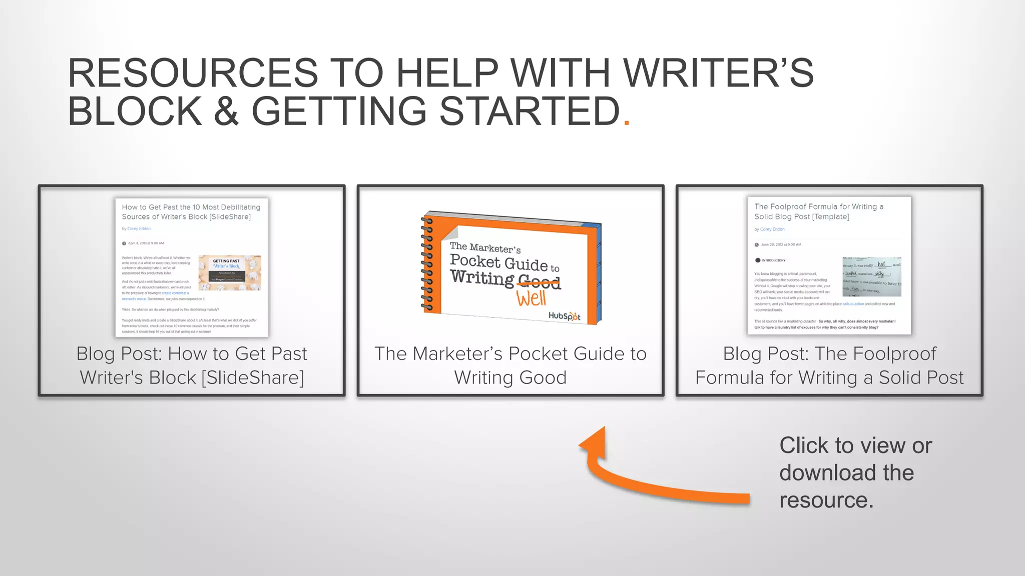 RESOURCES TO HELP WITH WRITER’S
BLOCK & GETTING STARTED.
Blog Post: How to Get Past
Writer's Block [SlideShare]
The Marketer’s Pocket Guide to
Writing Good
Blog Post: The Foolproof
Formula for Writing a Solid Post
Click to view or
download the
resource.
 