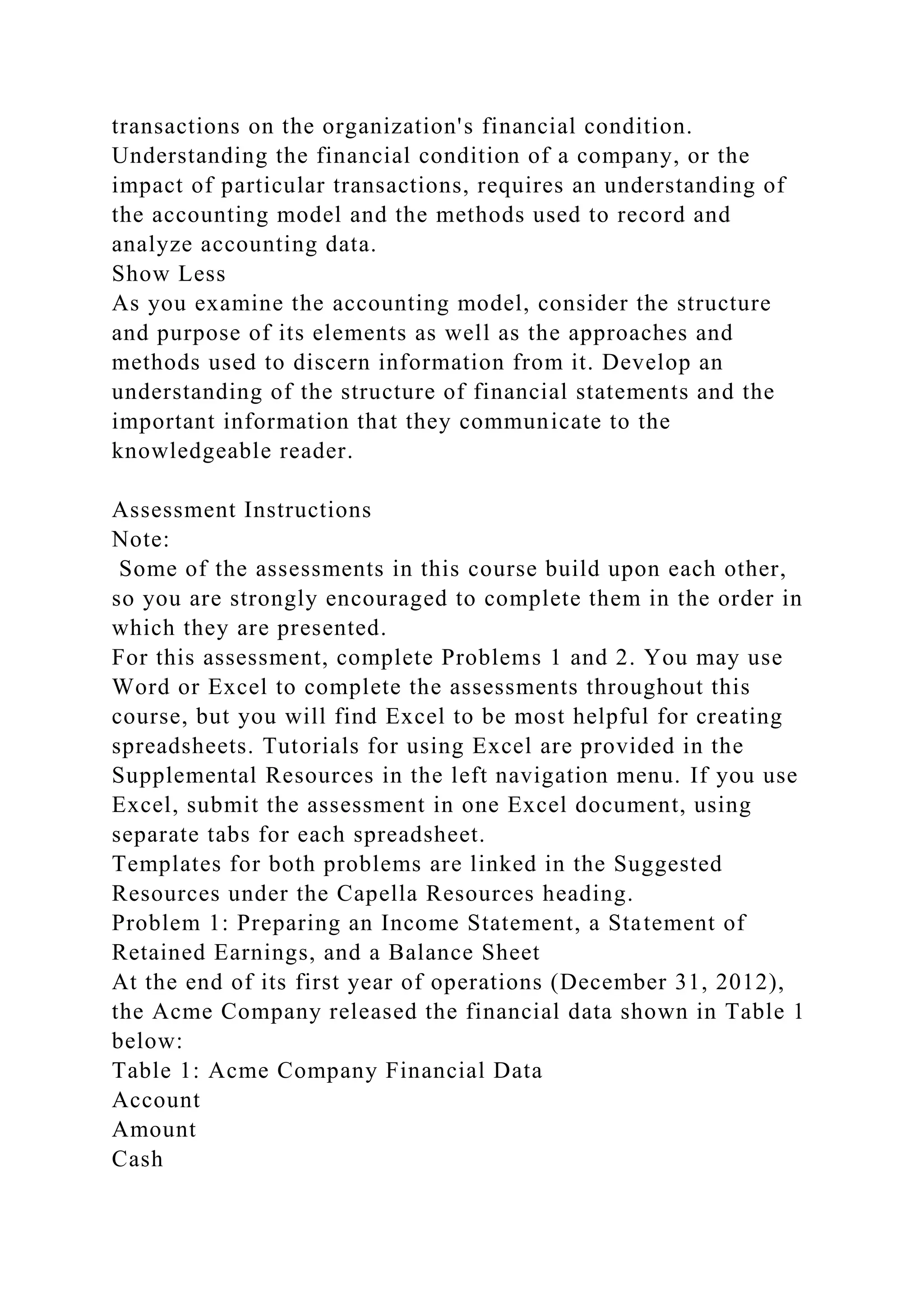 transactions on the organization's financial condition.
Understanding the financial condition of a company, or the
impact of particular transactions, requires an understanding of
the accounting model and the methods used to record and
analyze accounting data.
Show Less
As you examine the accounting model, consider the structure
and purpose of its elements as well as the approaches and
methods used to discern information from it. Develop an
understanding of the structure of financial statements and the
important information that they communicate to the
knowledgeable reader.
Assessment Instructions
Note:
Some of the assessments in this course build upon each other,
so you are strongly encouraged to complete them in the order in
which they are presented.
For this assessment, complete Problems 1 and 2. You may use
Word or Excel to complete the assessments throughout this
course, but you will find Excel to be most helpful for creating
spreadsheets. Tutorials for using Excel are provided in the
Supplemental Resources in the left navigation menu. If you use
Excel, submit the assessment in one Excel document, using
separate tabs for each spreadsheet.
Templates for both problems are linked in the Suggested
Resources under the Capella Resources heading.
Problem 1: Preparing an Income Statement, a Statement of
Retained Earnings, and a Balance Sheet
At the end of its first year of operations (December 31, 2012),
the Acme Company released the financial data shown in Table 1
below:
Table 1: Acme Company Financial Data
Account
Amount
Cash
 