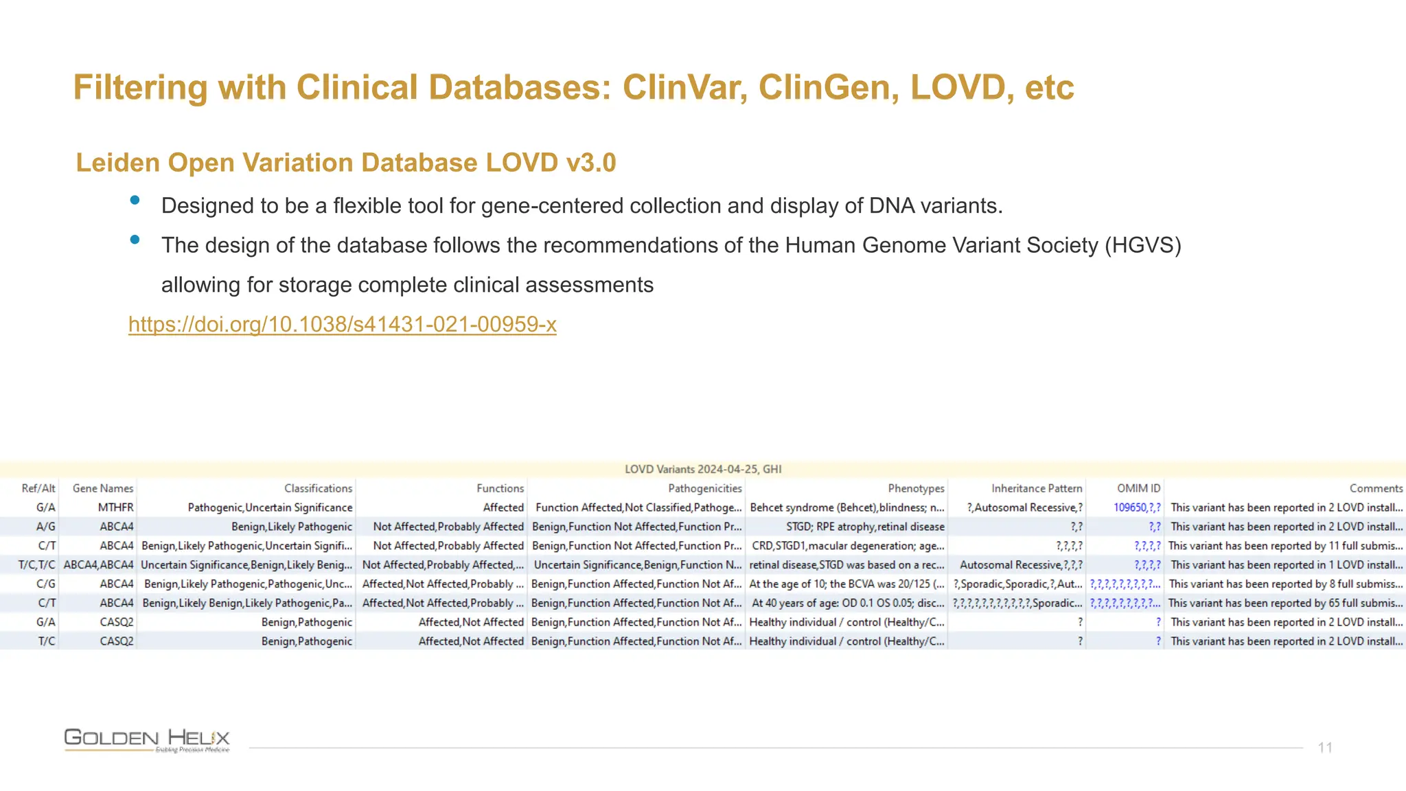 Filtering with Clinical Databases: ClinVar, ClinGen, LOVD, etc
11
Leiden Open Variation Database LOVD v3.0
• Designed to be a flexible tool for gene-centered collection and display of DNA variants.
• The design of the database follows the recommendations of the Human Genome Variant Society (HGVS)
allowing for storage complete clinical assessments
https://doi.org/10.1038/s41431-021-00959-x
 