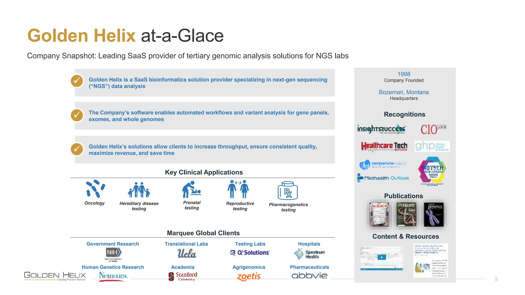 Golden Helix at-a-Glace
5
Company Snapshot: Leading SaaS provider of tertiary genomic analysis solutions for NGS labs
Golden Helix is a SaaS bioinformatics solution provider specializing in next-gen sequencing
(“NGS”) data analysis

The Company’s software enables automated workflows and variant analysis for gene panels,
exomes, and whole genomes

Key Clinical Applications
Prenatal
testing
Hereditary disease
testing
Reproductive
testing
Oncology
Marquee Global Clients
Golden Helix’s solutions allow clients to increase throughput, ensure consistent quality,
maximize revenue, and save time

1998
Company Founded
Bozeman, Montana
Headquarters
Recognitions
Government Research
Pharmaceuticals
Agrigenomics
Testing Labs
Translational Labs
Human Genetics Research
Hospitals
Academia
Publications
Content & Resources
Pharmacogenetics
testing
 