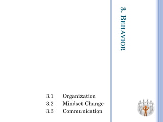 3.BEHAVIOR
3.1 Organization
3.2 Mindset Change
3.3 Communication
 