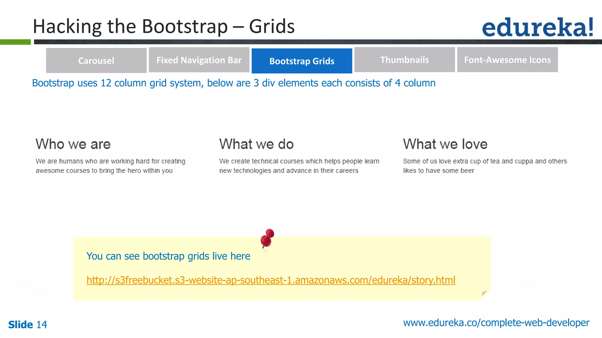 Slide 14 www.edureka.co/complete-web-developerSlide 14
Hacking the Bootstrap – Grids
You can see bootstrap grids live here
http://s3freebucket.s3-website-ap-southeast-1.amazonaws.com/edureka/story.html
Bootstrap uses 12 column grid system, below are 3 div elements each consists of 4 column
Carousel Fixed Navigation Bar Bootstrap Grids Thumbnails Font-Awesome Icons
 