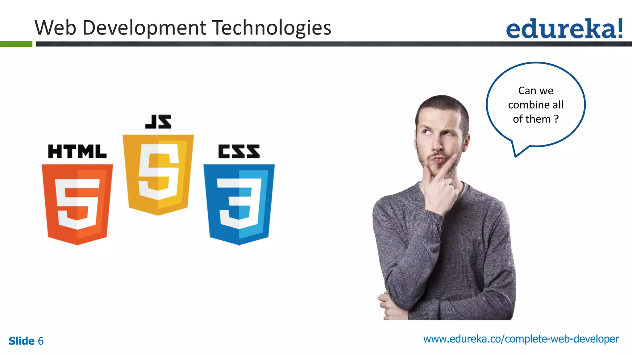 Slide 6 www.edureka.co/complete-web-developerSlide 6
Web Development Technologies
Can we
combine all
of them ?
 