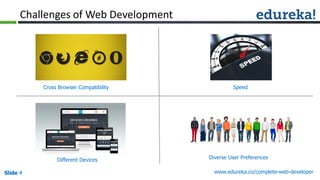 Slide 4 www.edureka.co/complete-web-developerSlide 4Slide 4Slide 4
Challenges of Web Development
Cross Browser Compatibility Speed
Diverse User PreferencesDifferent Devices
 
