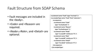 Fault Structure from SOAP Schema
• Fault messages are included in
the <body>.
• <Code> and <Reason> are
required.
• <Node>...