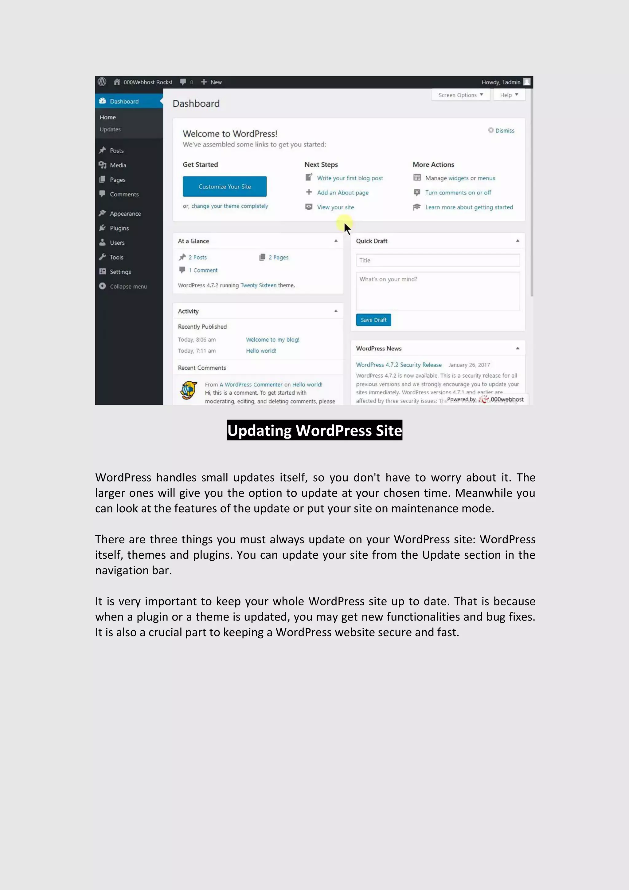 Updating WordPress Site
WordPress handles small updates itself, so you don't have to worry about it. The
larger ones will give you the option to update at your chosen time. Meanwhile you
can look at the features of the update or put your site on maintenance mode.
There are three things you must always update on your WordPress site: WordPress
itself, themes and plugins. You can update your site from the Update section in the
navigation bar.
It is very important to keep your whole WordPress site up to date. That is because
when a plugin or a theme is updated, you may get new functionalities and bug fixes.
It is also a crucial part to keeping a WordPress website secure and fast.
 