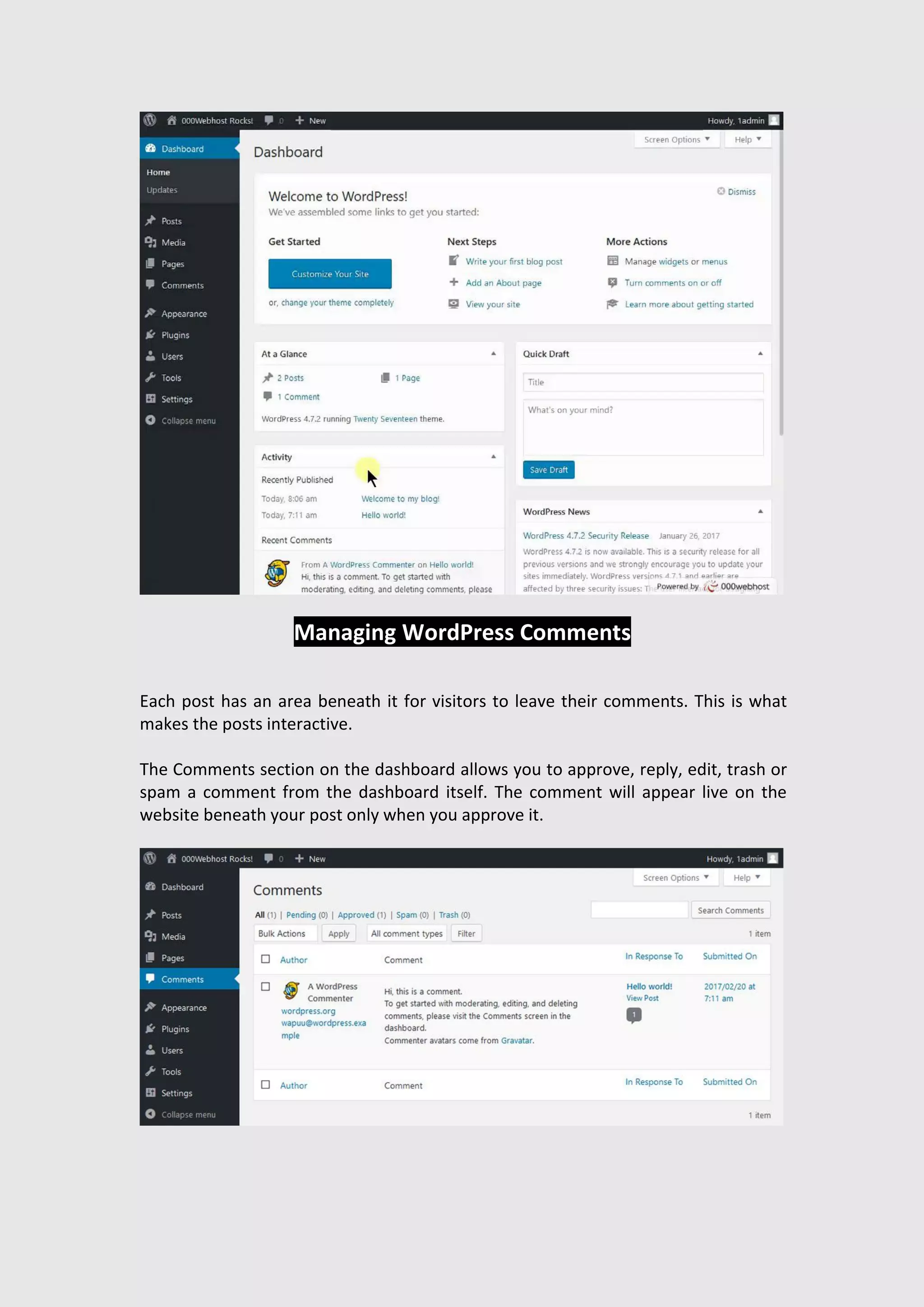 Managing WordPress Comments
Each post has an area beneath it for visitors to leave their comments. This is what
makes the posts interactive.
The Comments section on the dashboard allows you to approve, reply, edit, trash or
spam a comment from the dashboard itself. The comment will appear live on the
website beneath your post only when you approve it.
 