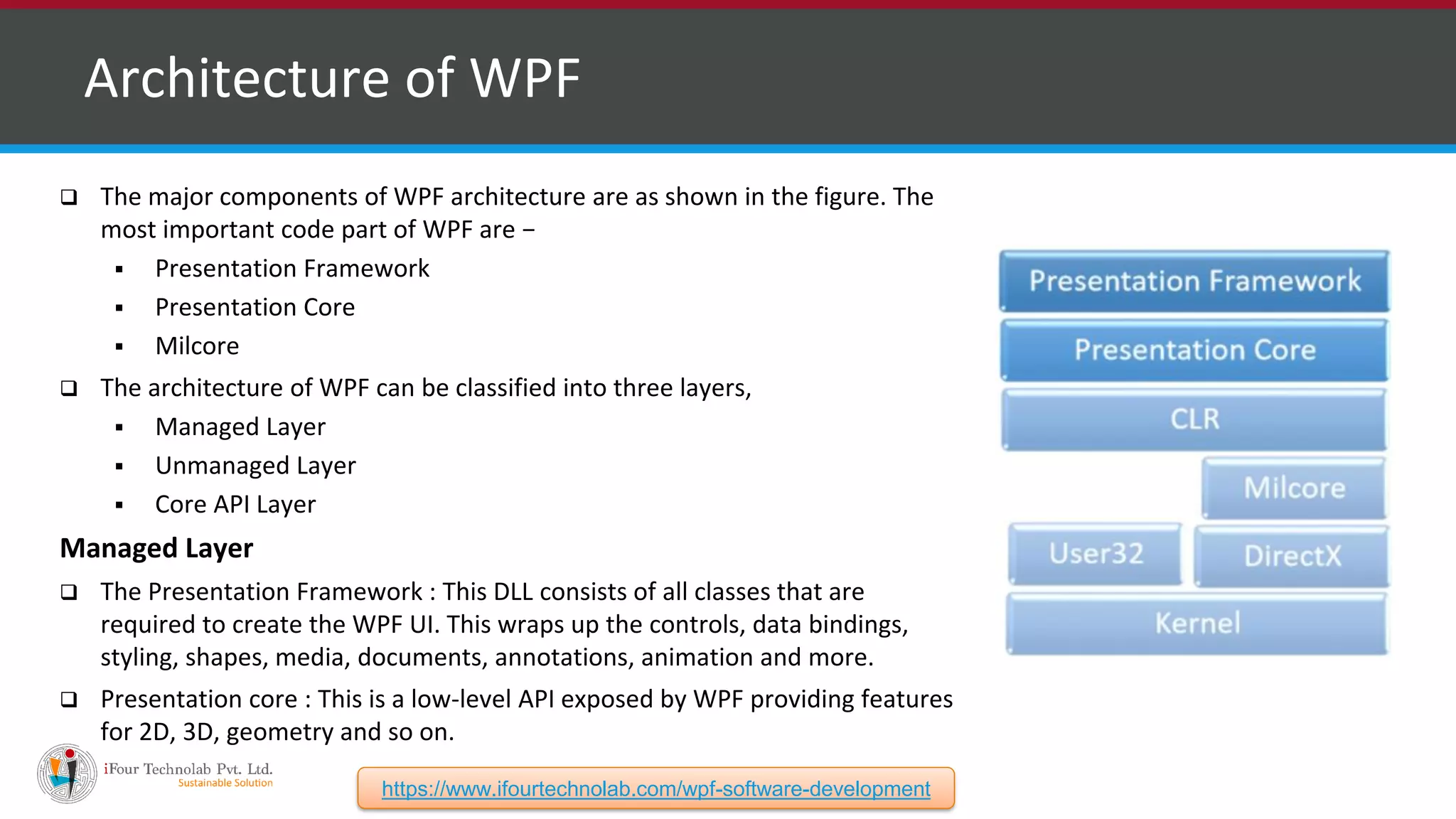 ❑ Architecture of WPF  The major components of WPF architecture are as shown in the figure. The most important code part of WPF are −  Presentation Framework  Presentation Core  Milcore  The architecture of WPF can be classified into three layers,  Managed Layer  Unmanaged Layer  Core API Layer Managed Layer  The Presentation Framework : This DLL consists of all classes that are required to create the WPF UI. This wraps up the controls, data bindings, styling, shapes, media, documents, annotations, animation and more.  Presentation core : This is a low-level API exposed by WPF providing features for 2D, 3D, geometry and so on. https://www.ifourtechnolab.com/wpf-software-development 