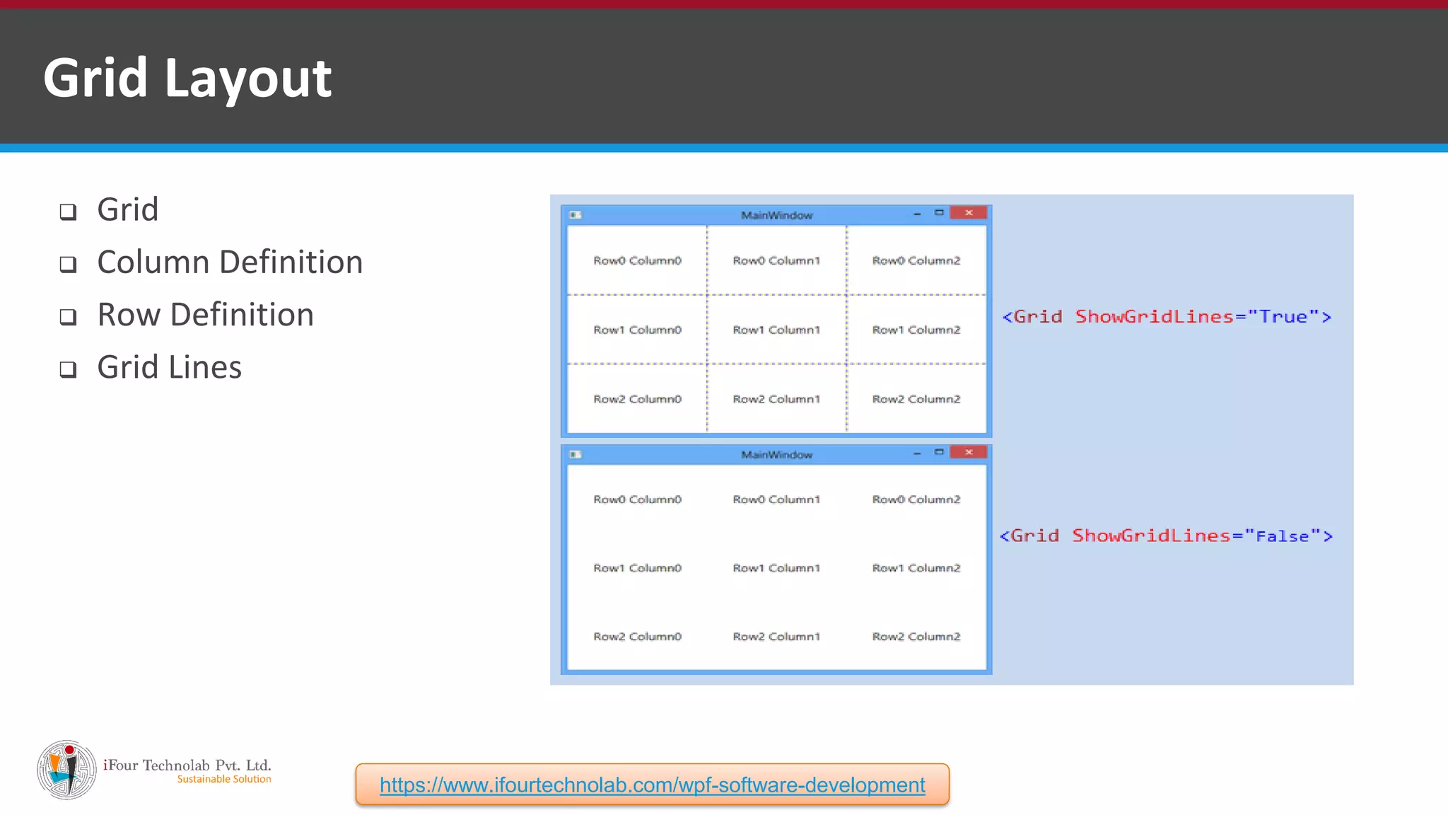  Grid  Column Definition  Row Definition  Grid Lines Grid Layout https://www.ifourtechnolab.com/wpf-software-development 