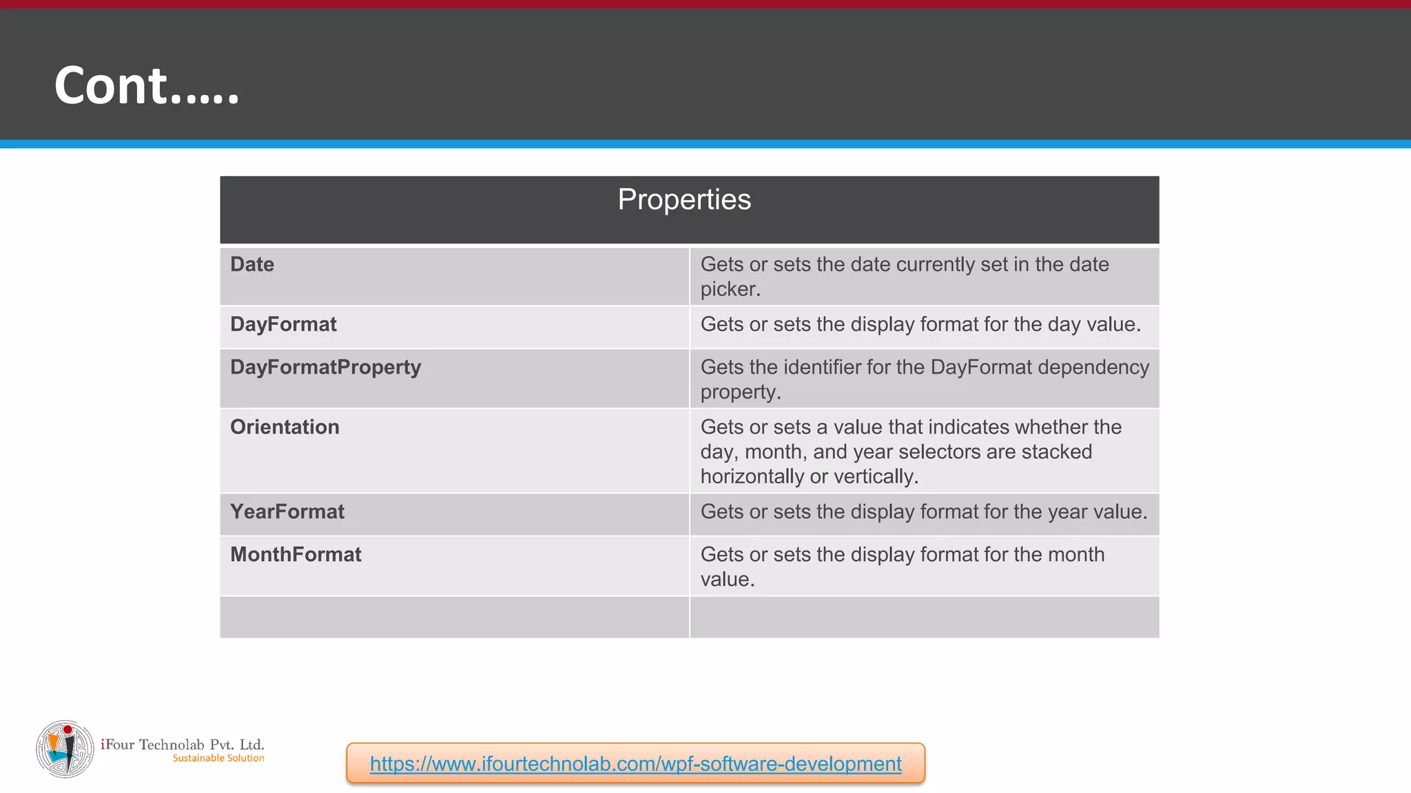 Cont.…. Properties Date Gets or sets the date currently set in the date picker. DayFormat Gets or sets the display format for the day value. DayFormatProperty Gets the identifier for the DayFormat dependency property. Orientation Gets or sets a value that indicates whether the day, month, and year selectors are stacked horizontally or vertically. YearFormat Gets or sets the display format for the year value. MonthFormat Gets or sets the display format for the month value. https://www.ifourtechnolab.com/wpf-software-development 
