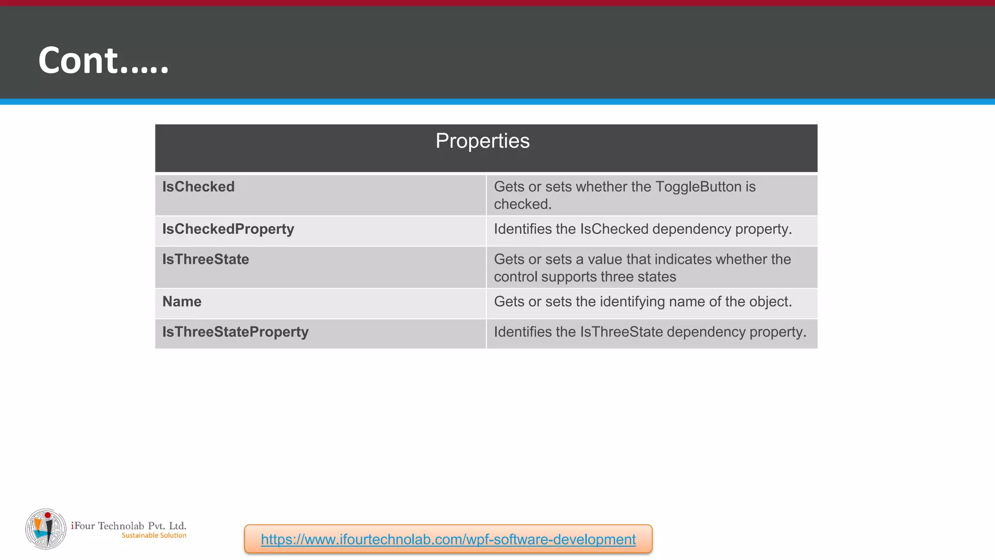 Cont.…. Properties IsChecked Gets or sets whether the ToggleButton is checked. IsCheckedProperty Identifies the IsChecked dependency property. IsThreeState Gets or sets a value that indicates whether the control supports three states Name Gets or sets the identifying name of the object. IsThreeStateProperty Identifies the IsThreeState dependency property. https://www.ifourtechnolab.com/wpf-software-development 